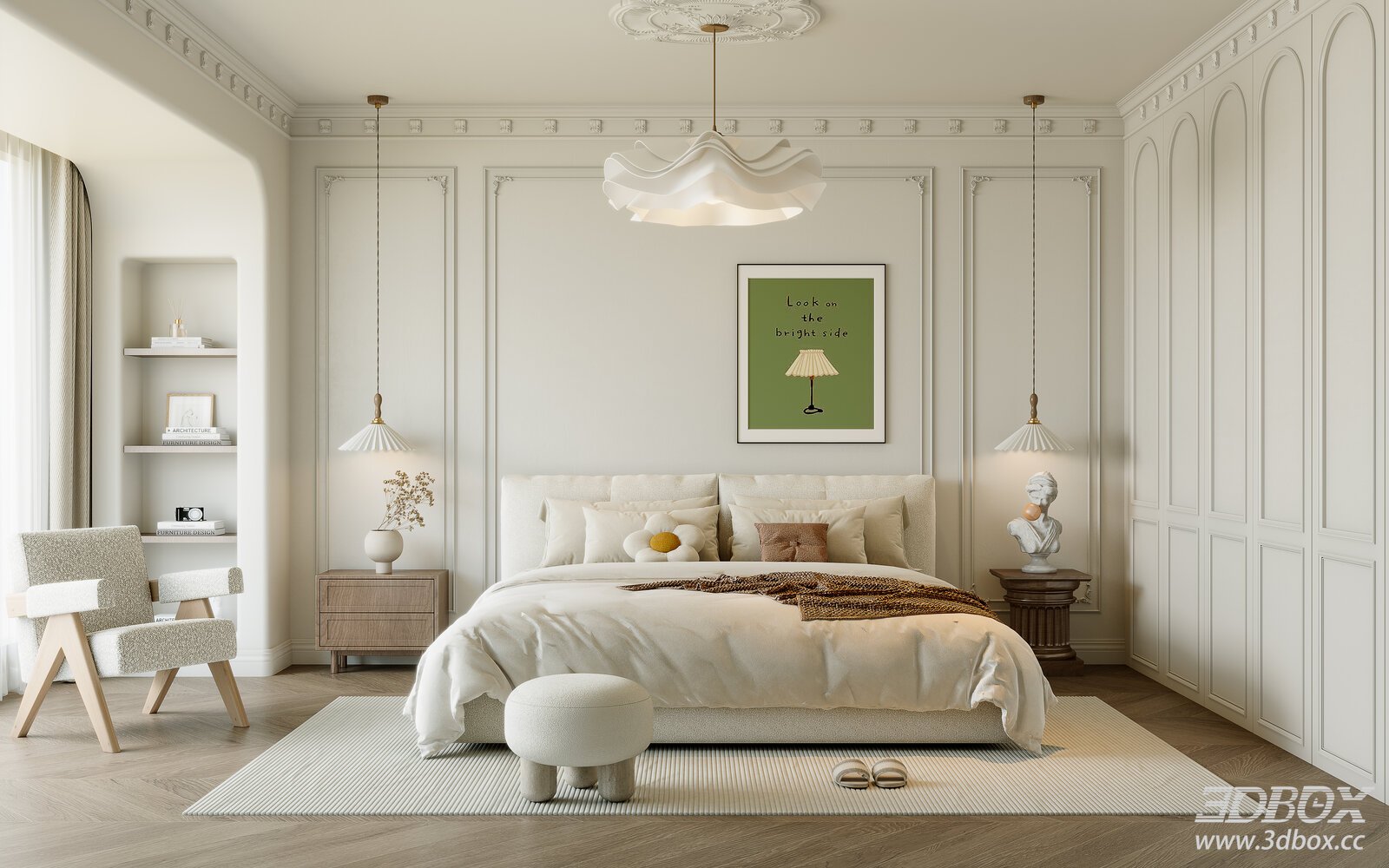 French Cream Style Modern Luxury Bedroom Interior 3D model - front view