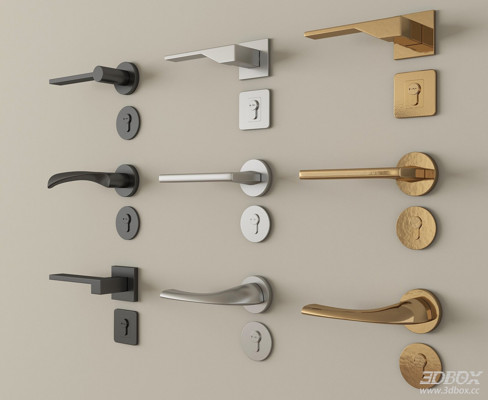 Modern Metal Door Handle Set 3D model - front view