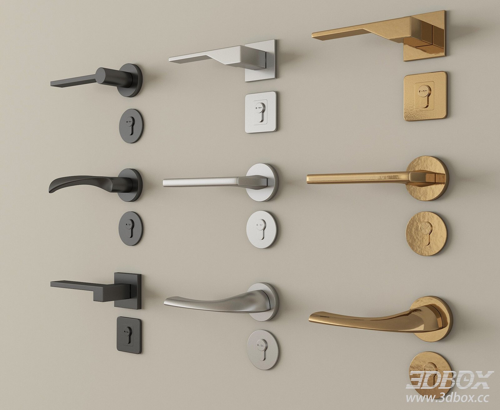 Modern Metal Door Handle Set 3D model - thumbnail 1