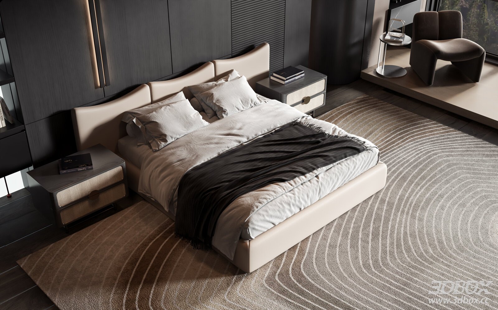 Modern Luxury Minimalist Bedroom with Double Bed 3D model - front view