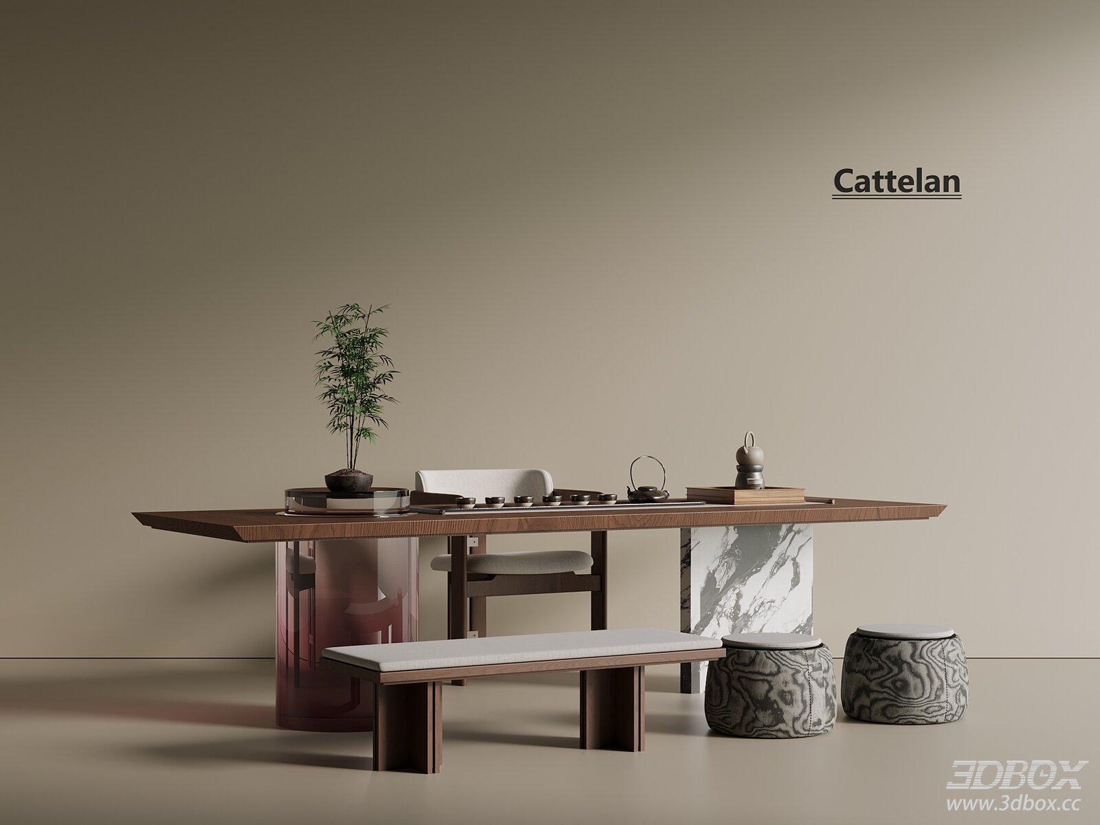 New Chinese Style Luxury Tea Table Set with Seating 3D model - front view