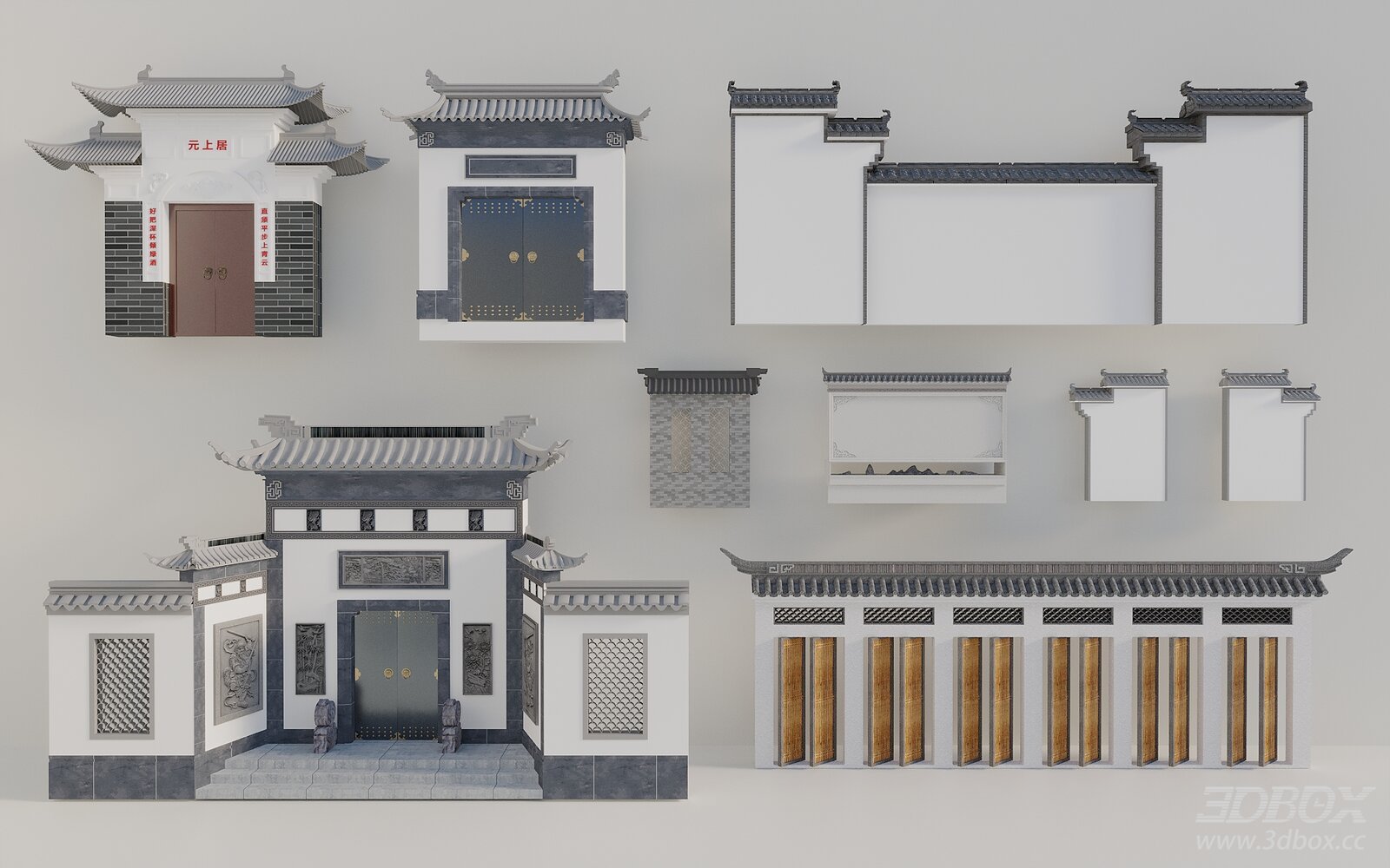 Huizhou Style Traditional Chinese Villa Gate Facade Set 3D model - front view
