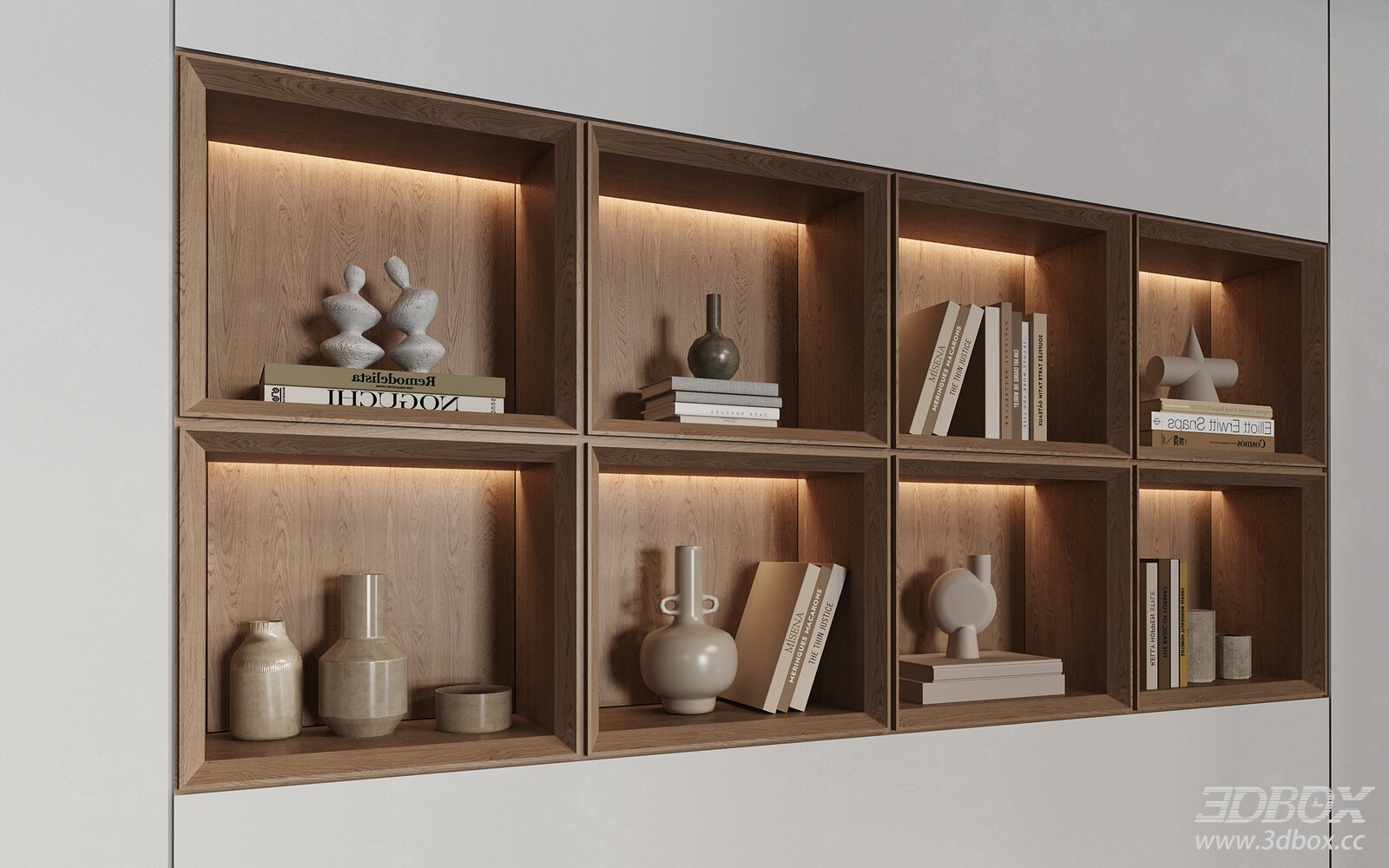 Wabi Sabi Wooden Display Shelf Decor Set 3D model - front view