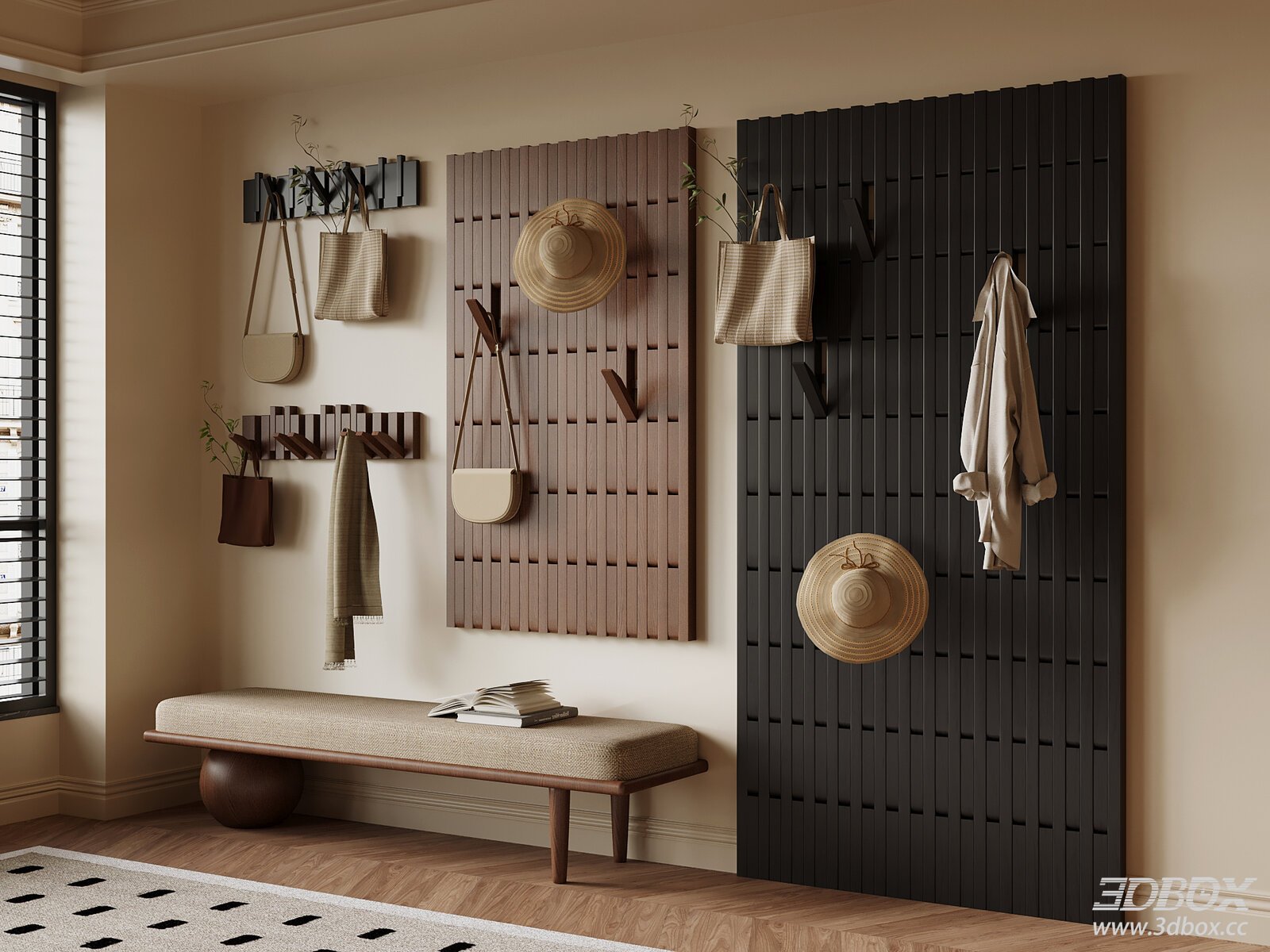 Mid Century Modern Hallway Pegboard Hanger and Shoe Bench Set 3D model - front view
