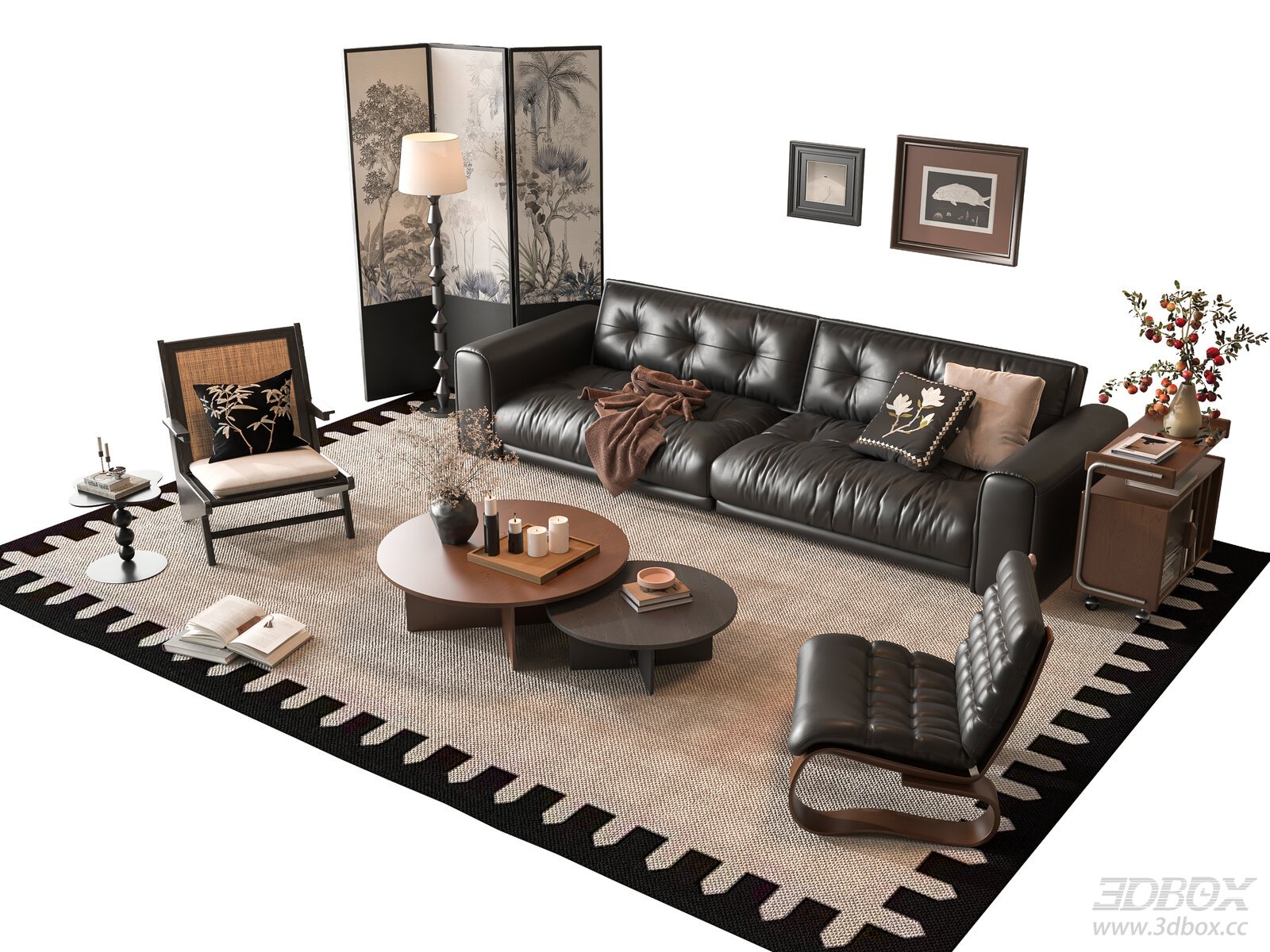 French Style Leather Sofa Set Living Room Furniture 3D model - front view