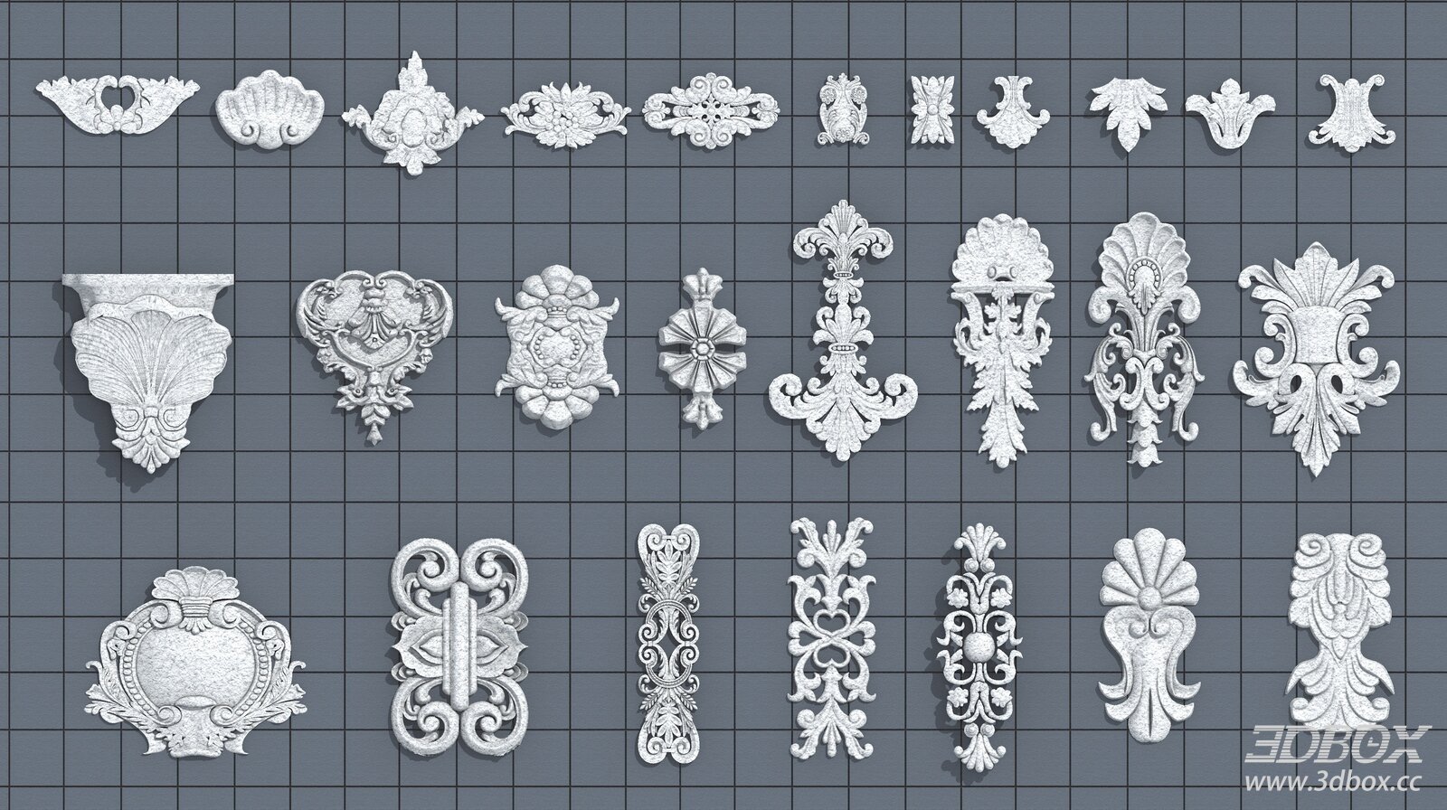 European Style Plaster Carving Ornament Set 3D model - front view