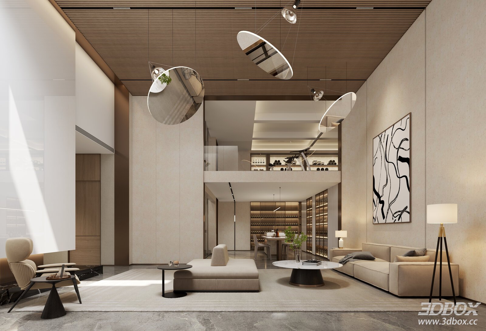 Modern Duplex Luxury Living Room with Home Gym and Wine Cabinet 3D model - front view