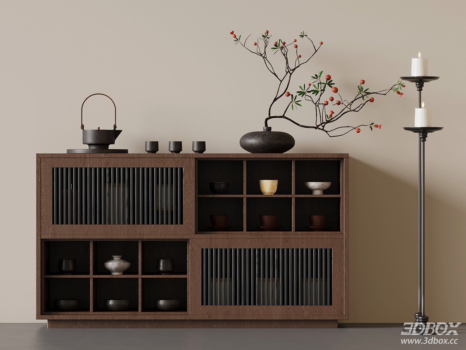 New Chinese Style Wooden Sideboard Tea Cabinet 3D model - front view