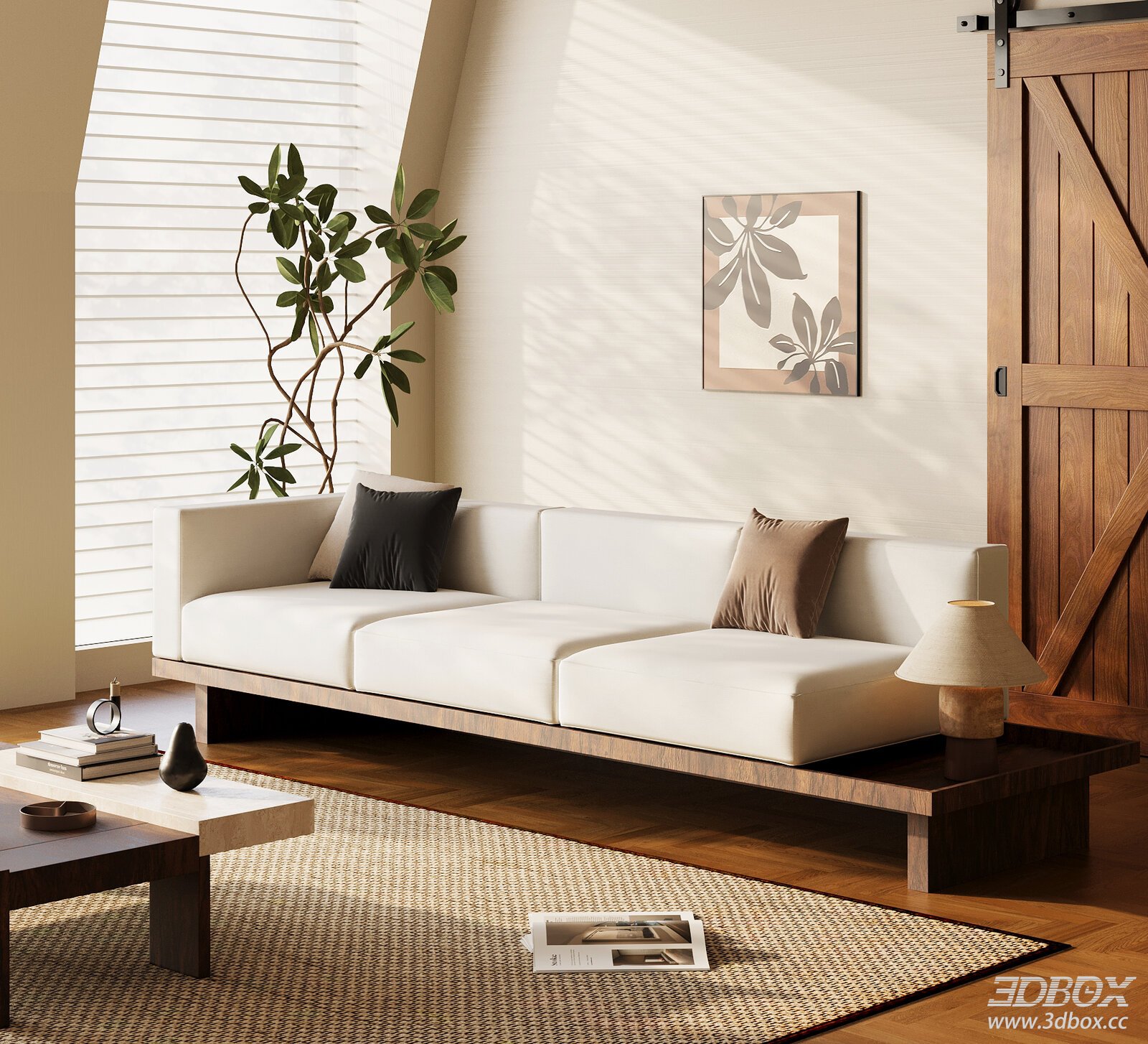 Mid-century Modern Fabric Upholstered Sofa Set 3D model - front view