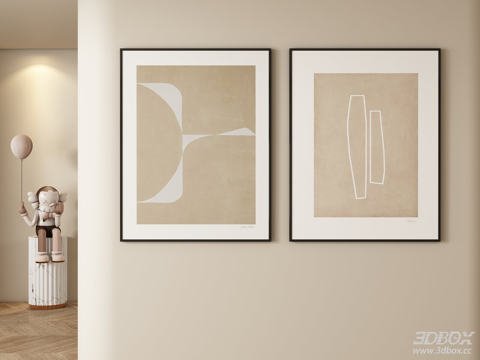 Cream Style Abstract Framed Wall Art Set 3D model - front view
