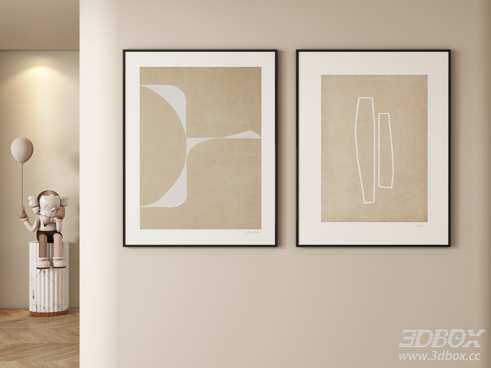 Cream Style Abstract Framed Wall Art Set 3D model - thumbnail 1