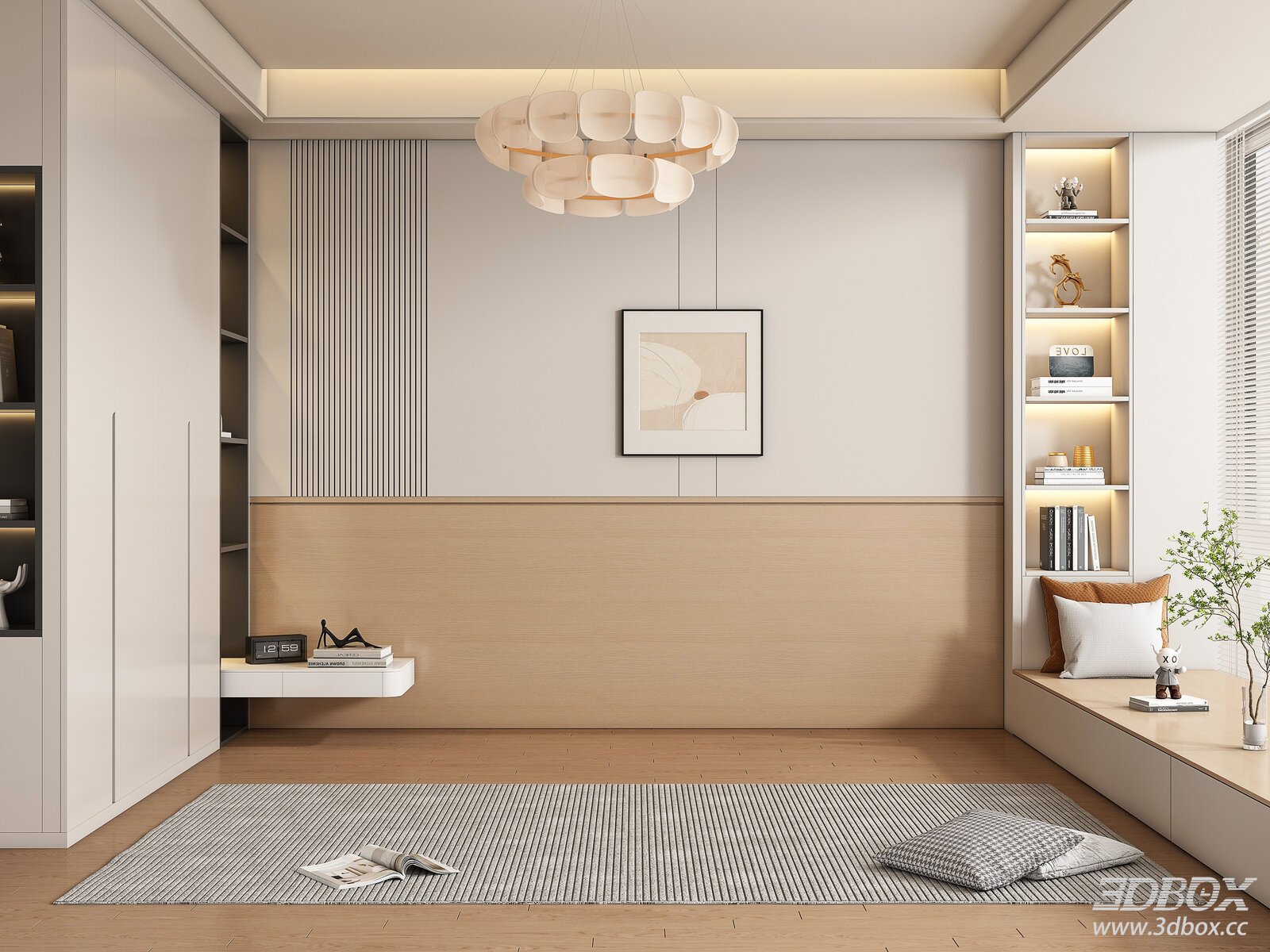 Modern Minimalist Bedroom Interior Scene 3D model - front view