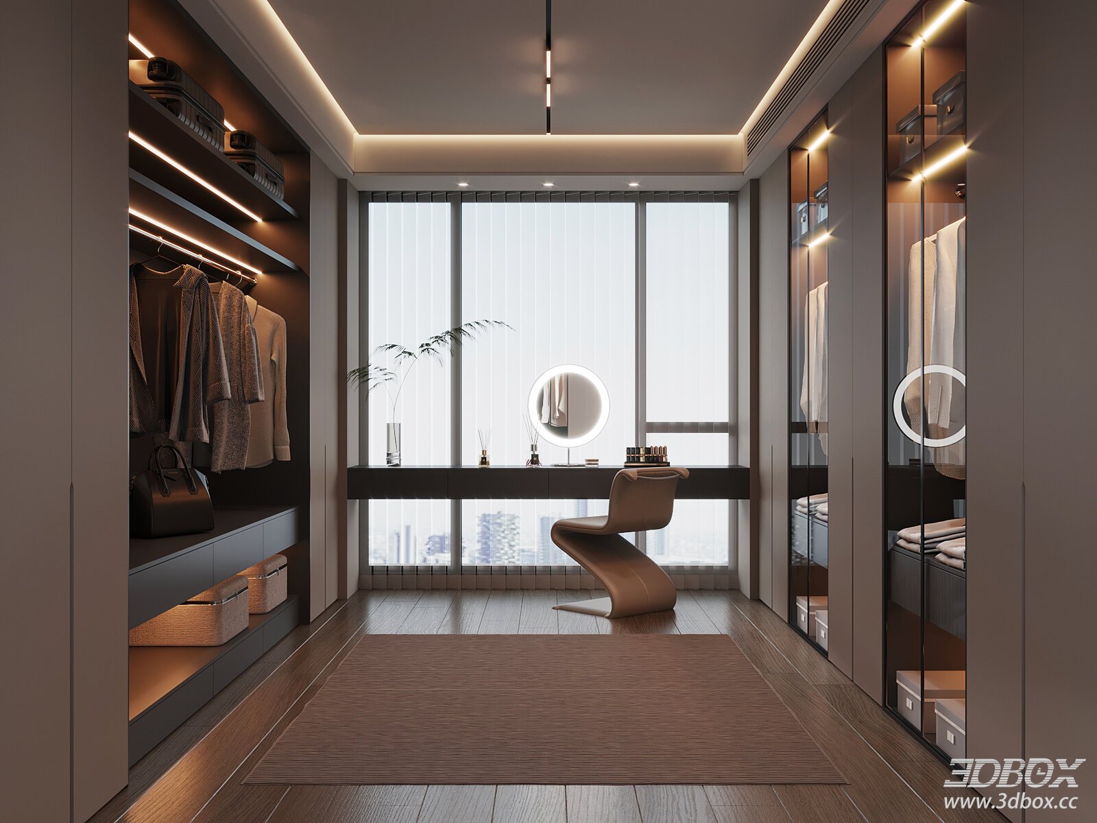 Modern Luxury Dressing Room with Wardrobe and Dressing Table 3D model - front view