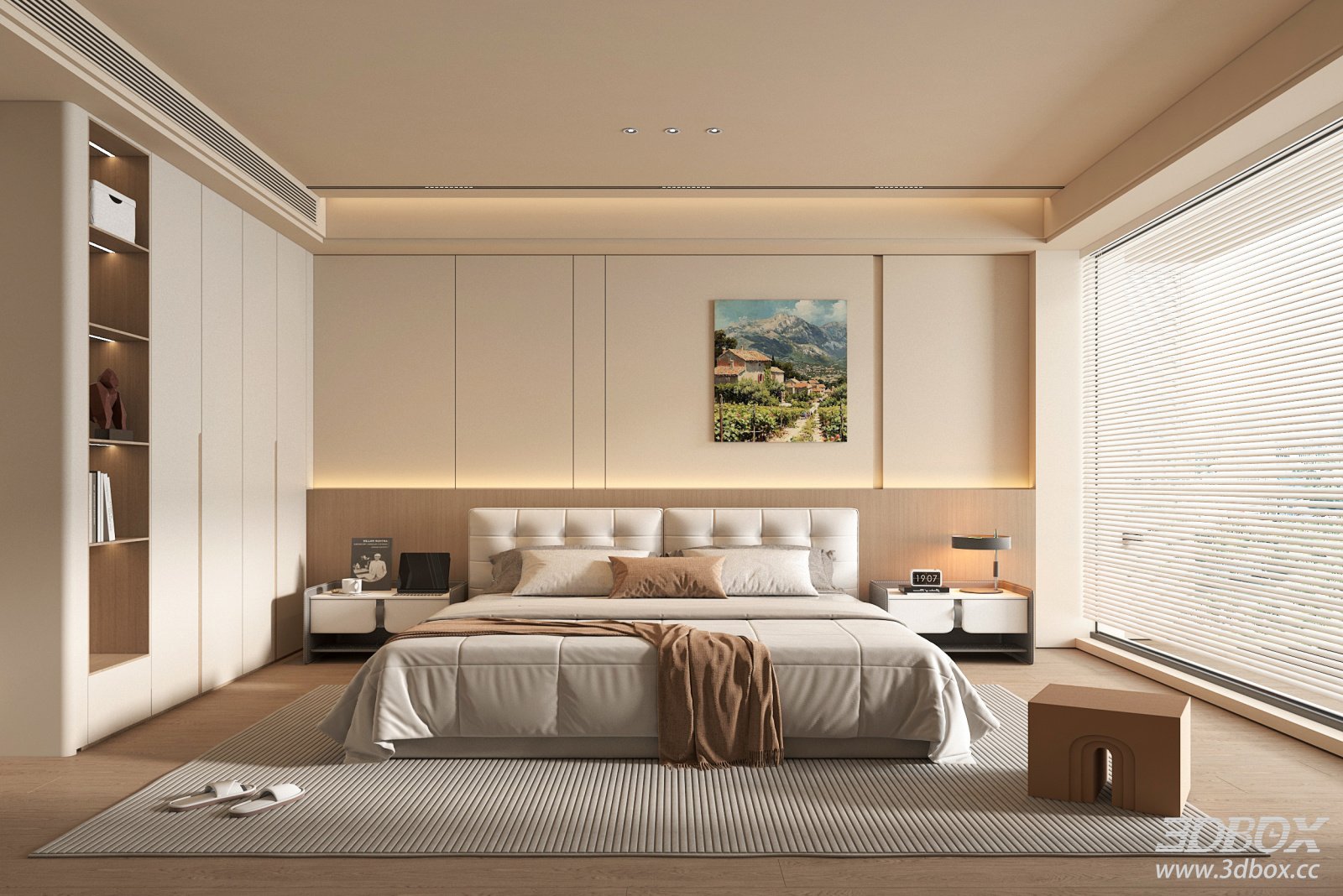 Modern Cream Style Minimalist Bedroom Interior Scene 3D model - front view