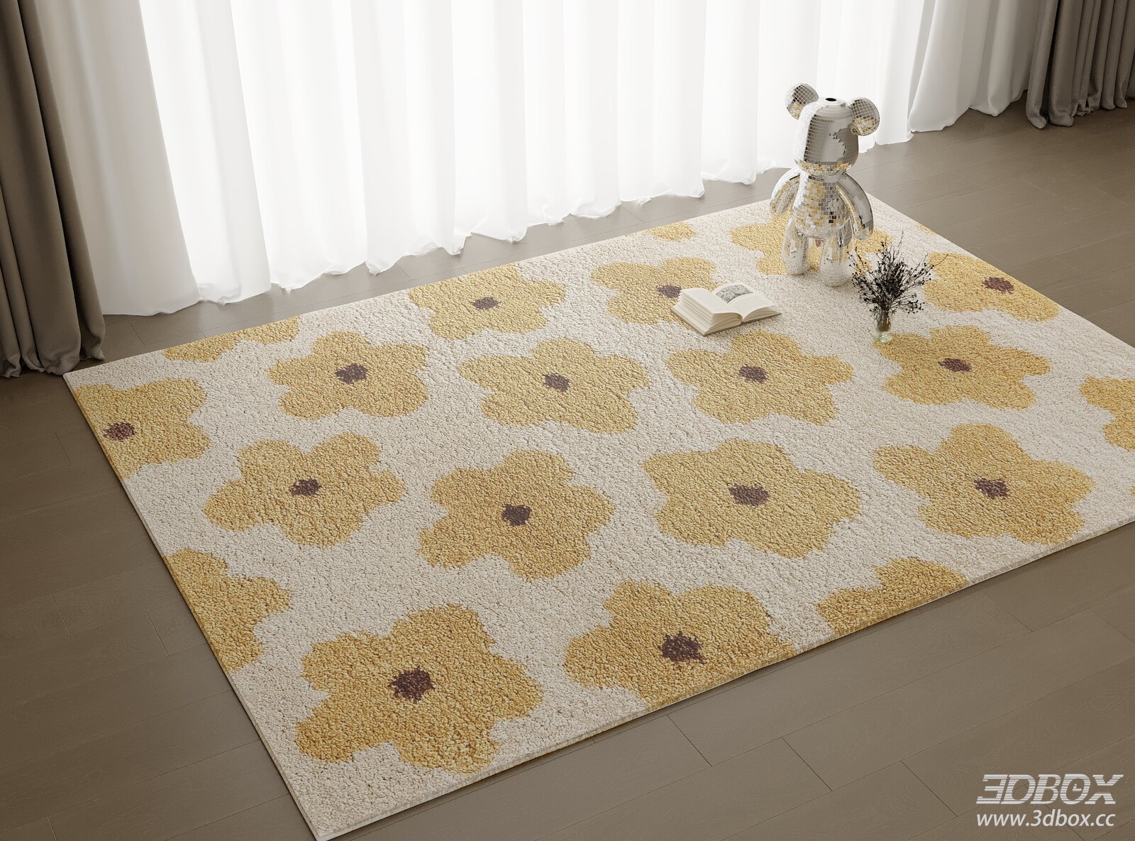 Modern Floral Pattern Plush Carpet 3D model - front view