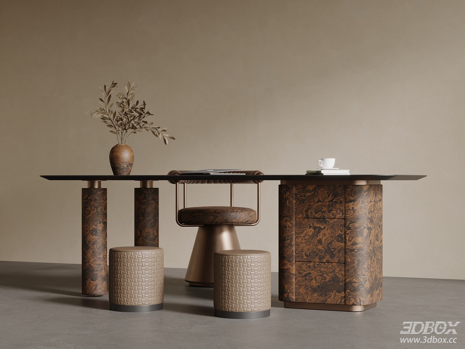 Modern Luxury Desk and Chair Set 3D model - front view