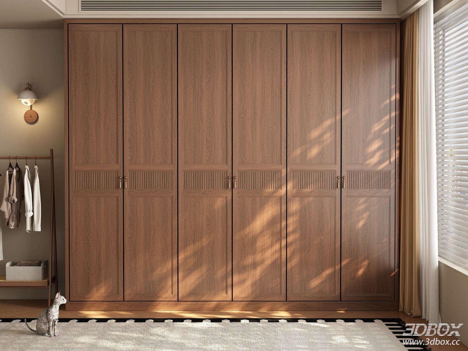 Mid-Century Modern Solid Wood Wardrobe 3D model - front view