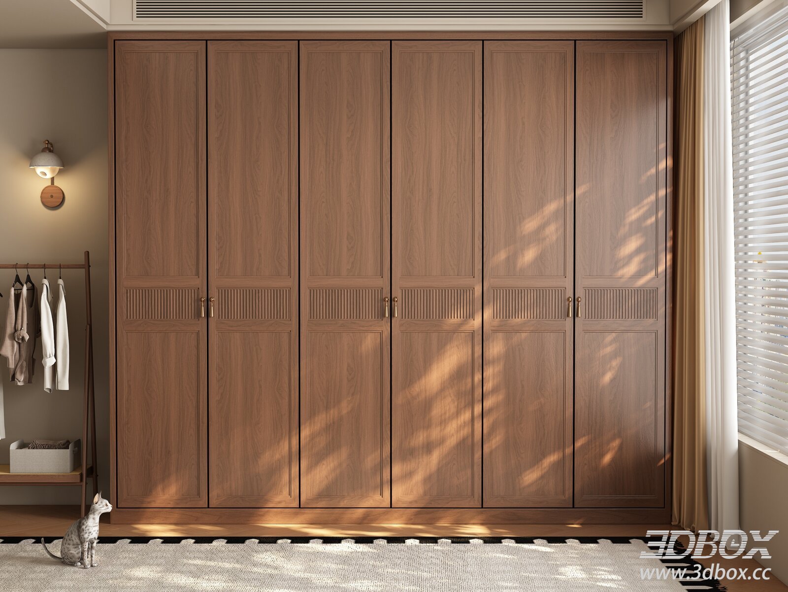 Mid-Century Modern Solid Wood Wardrobe 3D model - thumbnail 1