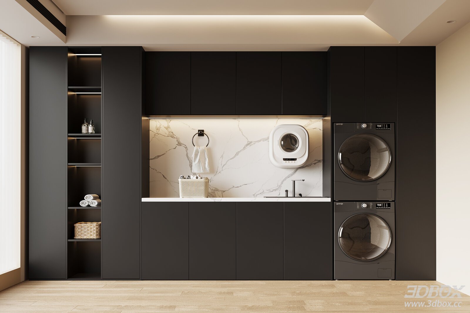 Modern Minimalist Laundry Cabinet Scene With Washing Machines 3D model - front view