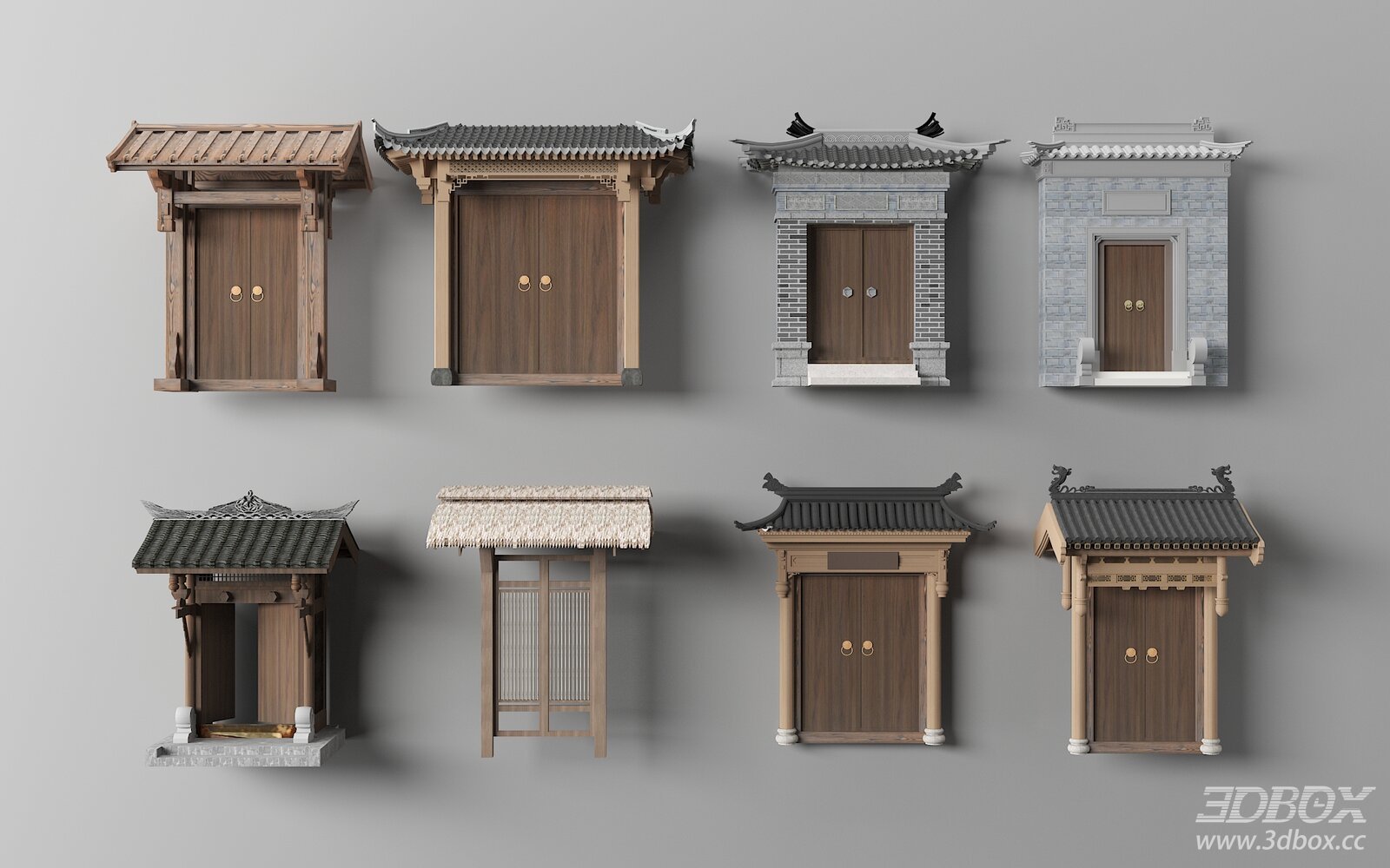 Traditional Chinese Huizhou Style Courtyard Door Set 3D model - front view