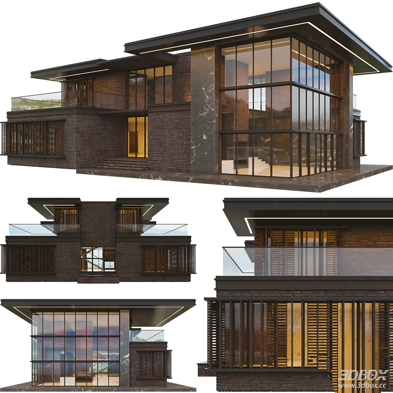 Modern Brick Villa Exterior Scene 3D model - front view