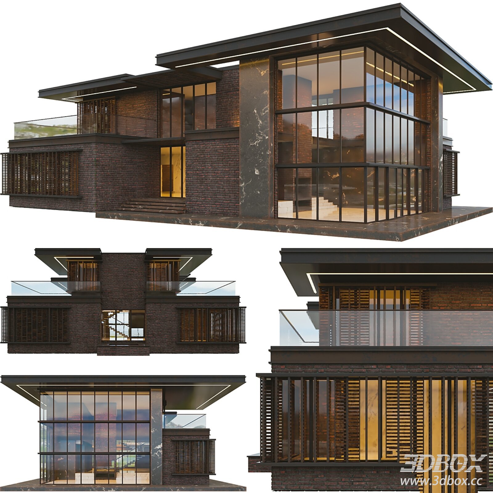 Modern Brick Villa Exterior Scene 3D model - thumbnail 1