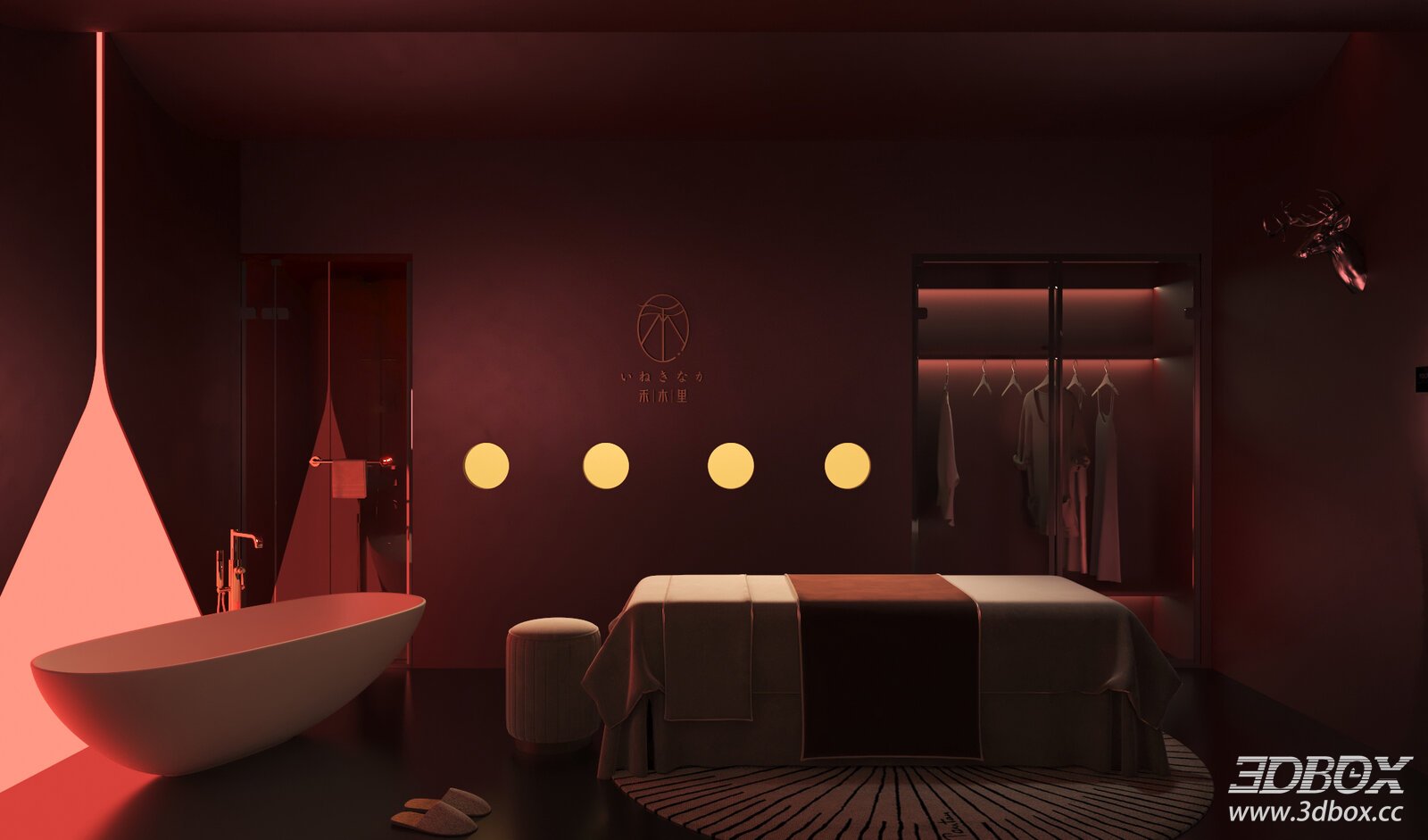 Modern Luxury Spa Room with Massage Bed and Freestanding Bathtub 3D model - front view