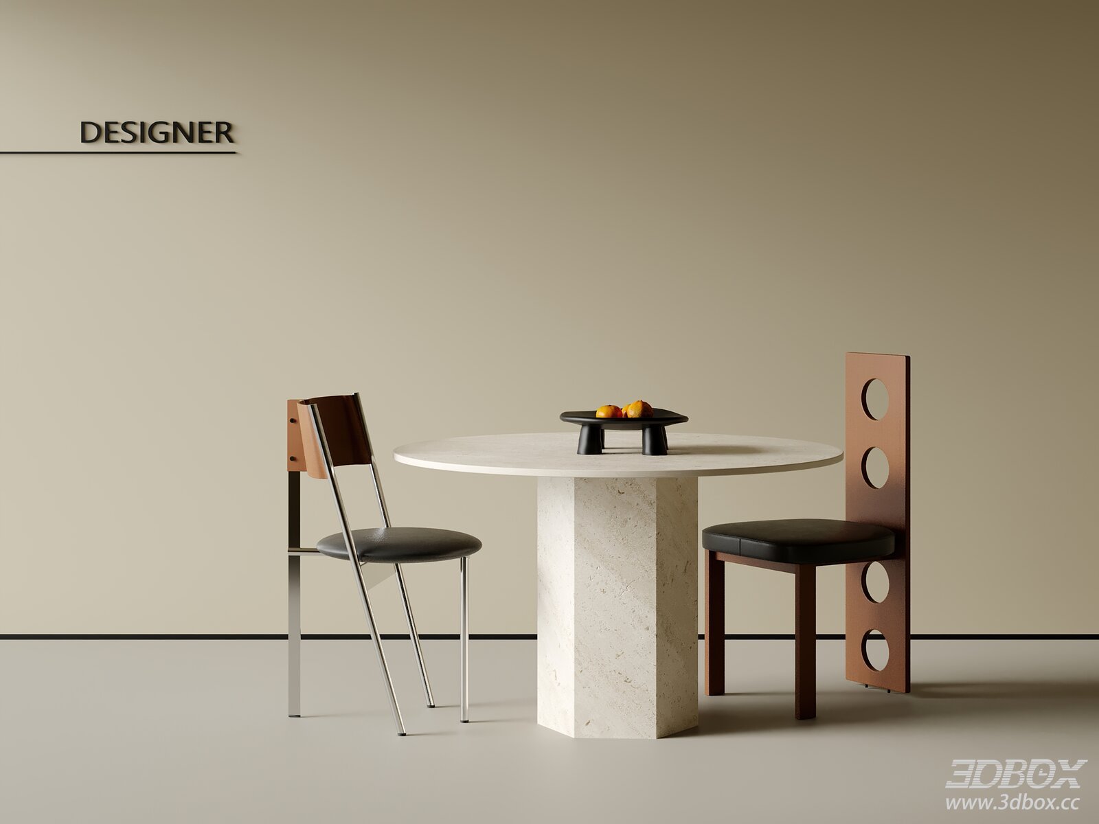Modern Travertine Dining Table and Chairs Set 3D model - front view