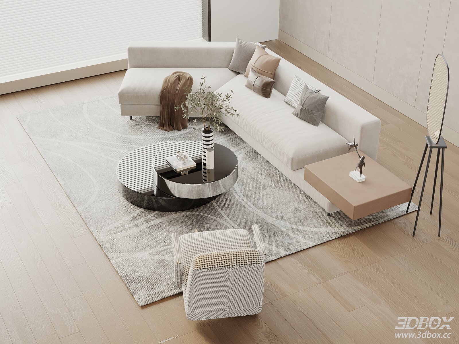 Wabi Sabi Style Sectional Sofa and Coffee Table Set 3D model - front view