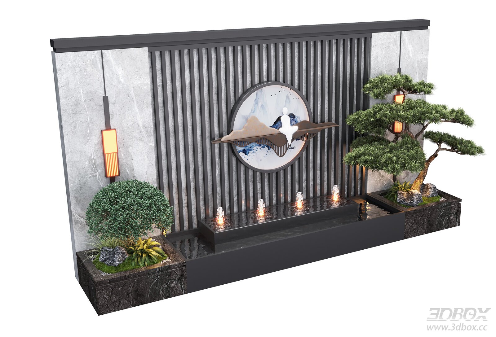 New Chinese Style Zen Water Feature Landscape Wall 3D model - front view