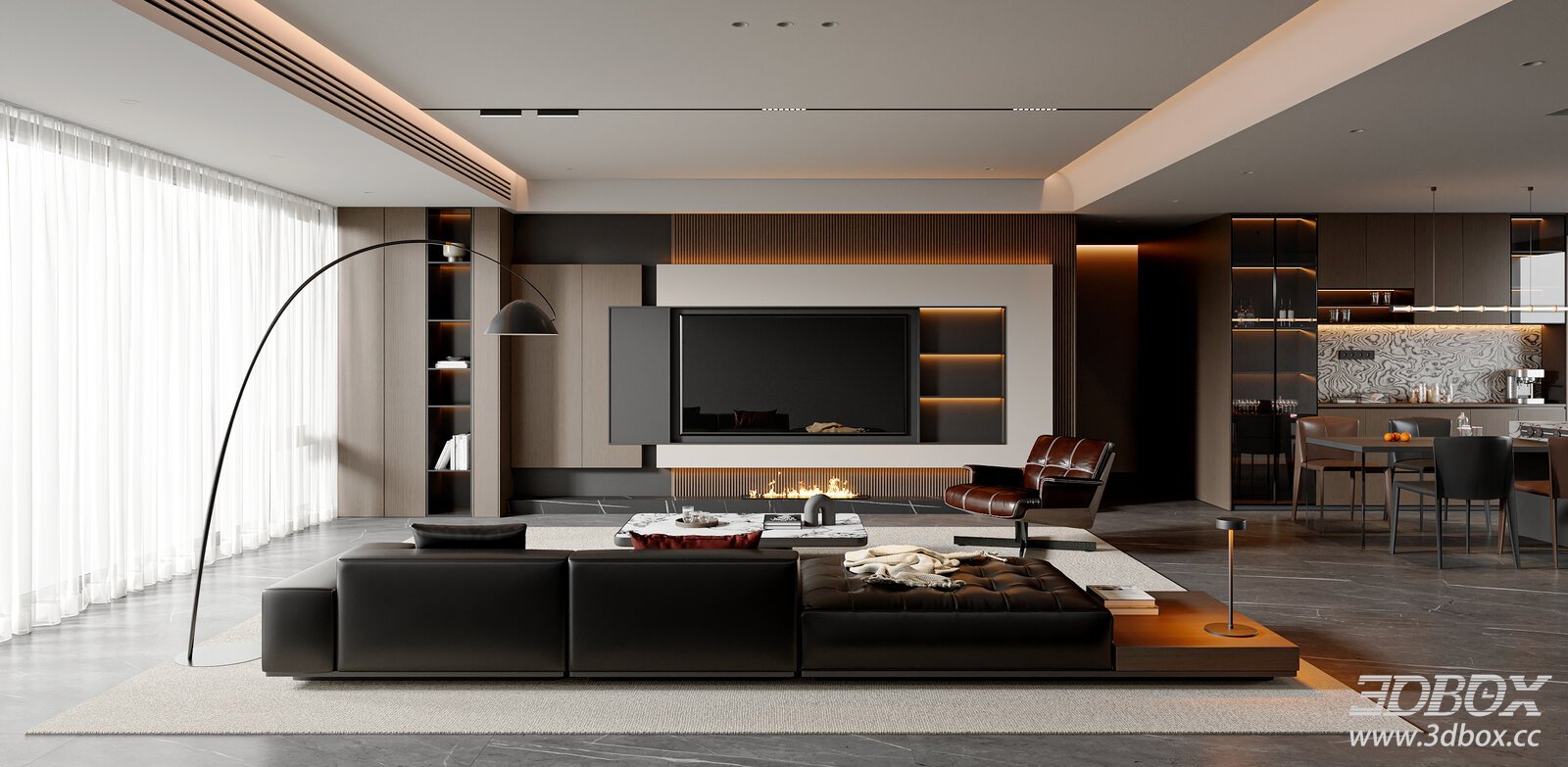 Modern Italian Style Living and Dining Room Interior 3D model - front view