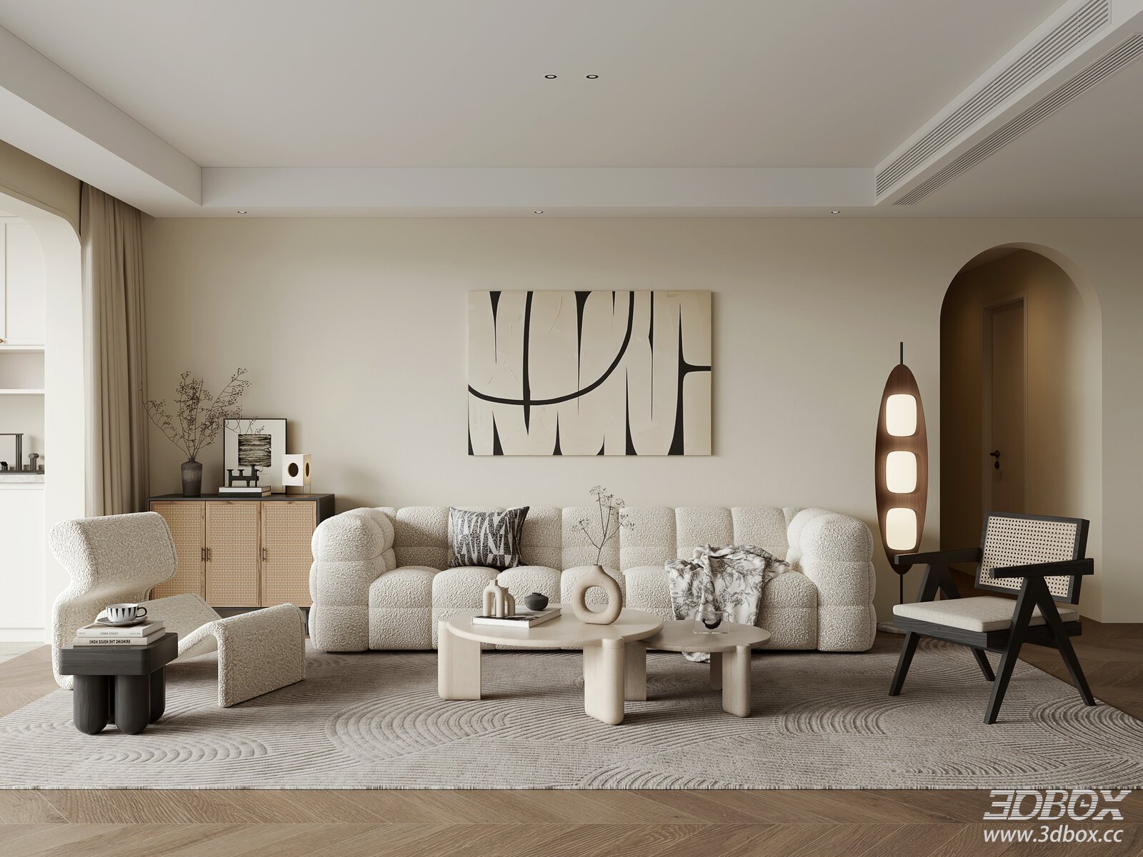 Wabi Sabi Style Modern Minimalist Living Room Interior 3D model - front view