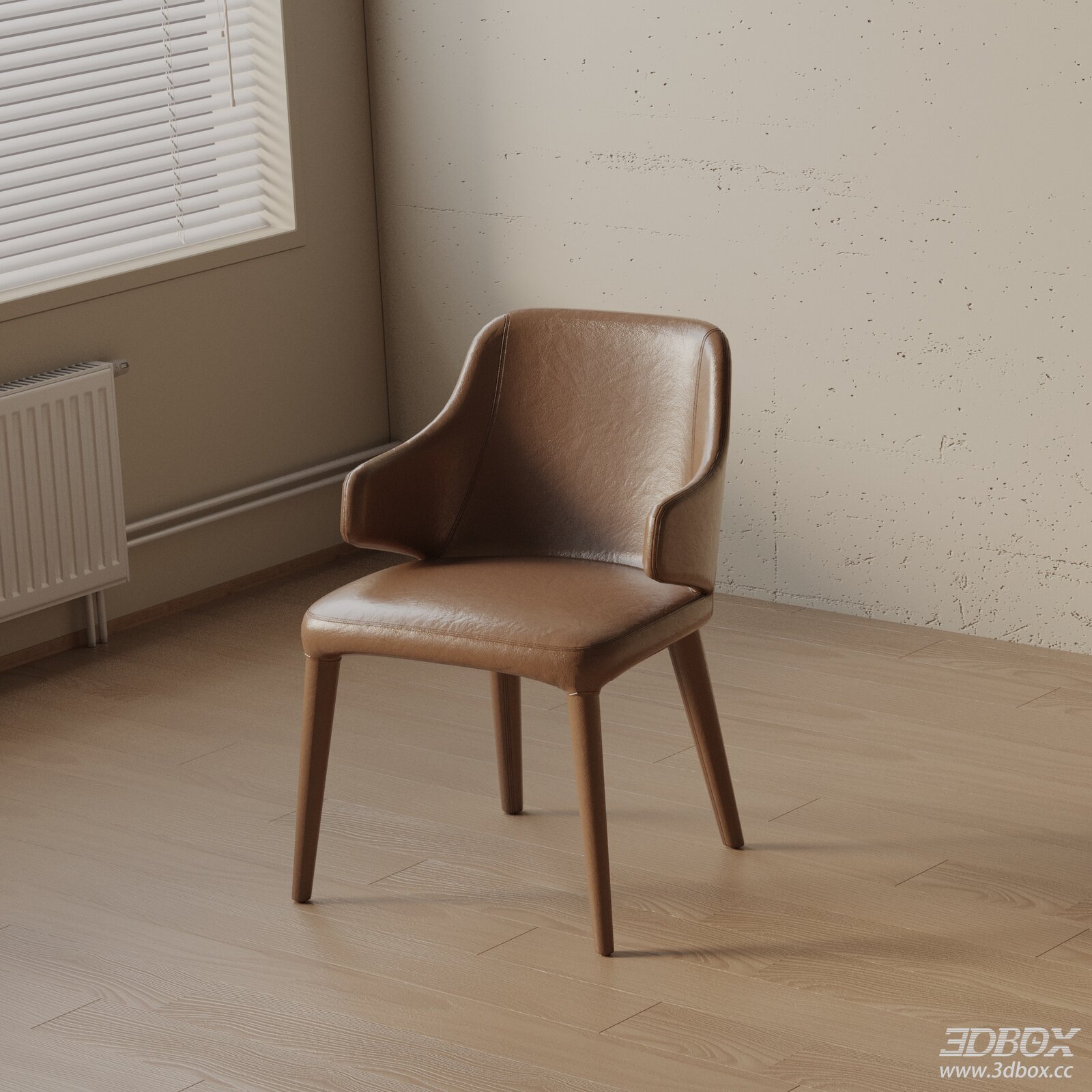 Modern Brown Leather Dining Chair with Wooden Legs 3D model - front view