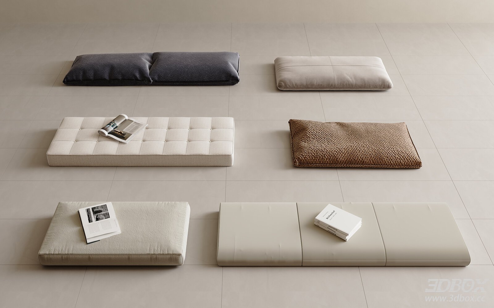 Modern Fabric Leather Floor Window Sill Cushion Set 3D model - front view