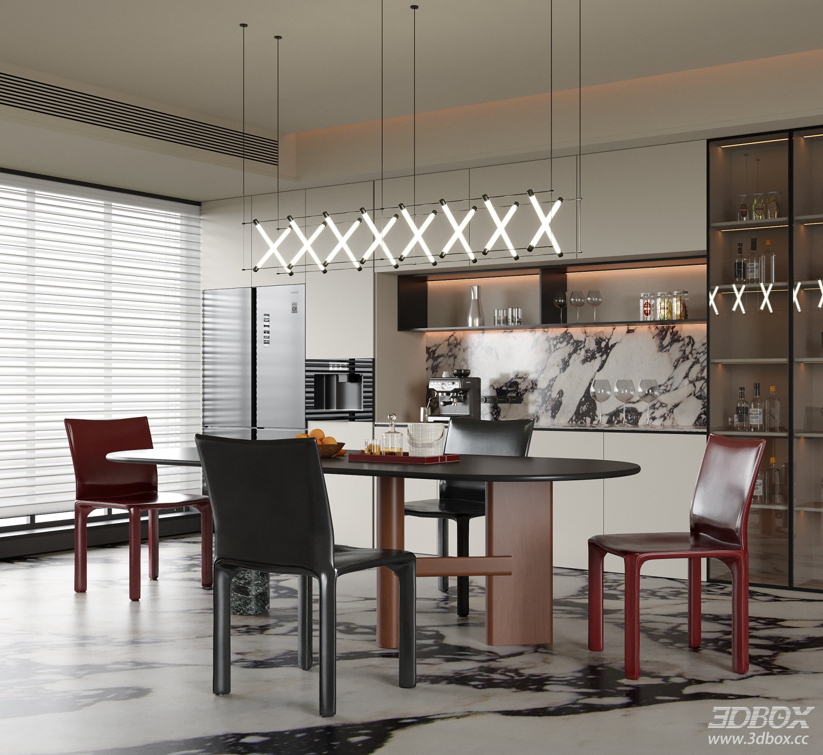Modern Minimalist Kitchen Dining Room with Oval Table and Leather Chairs 3D model - front view
