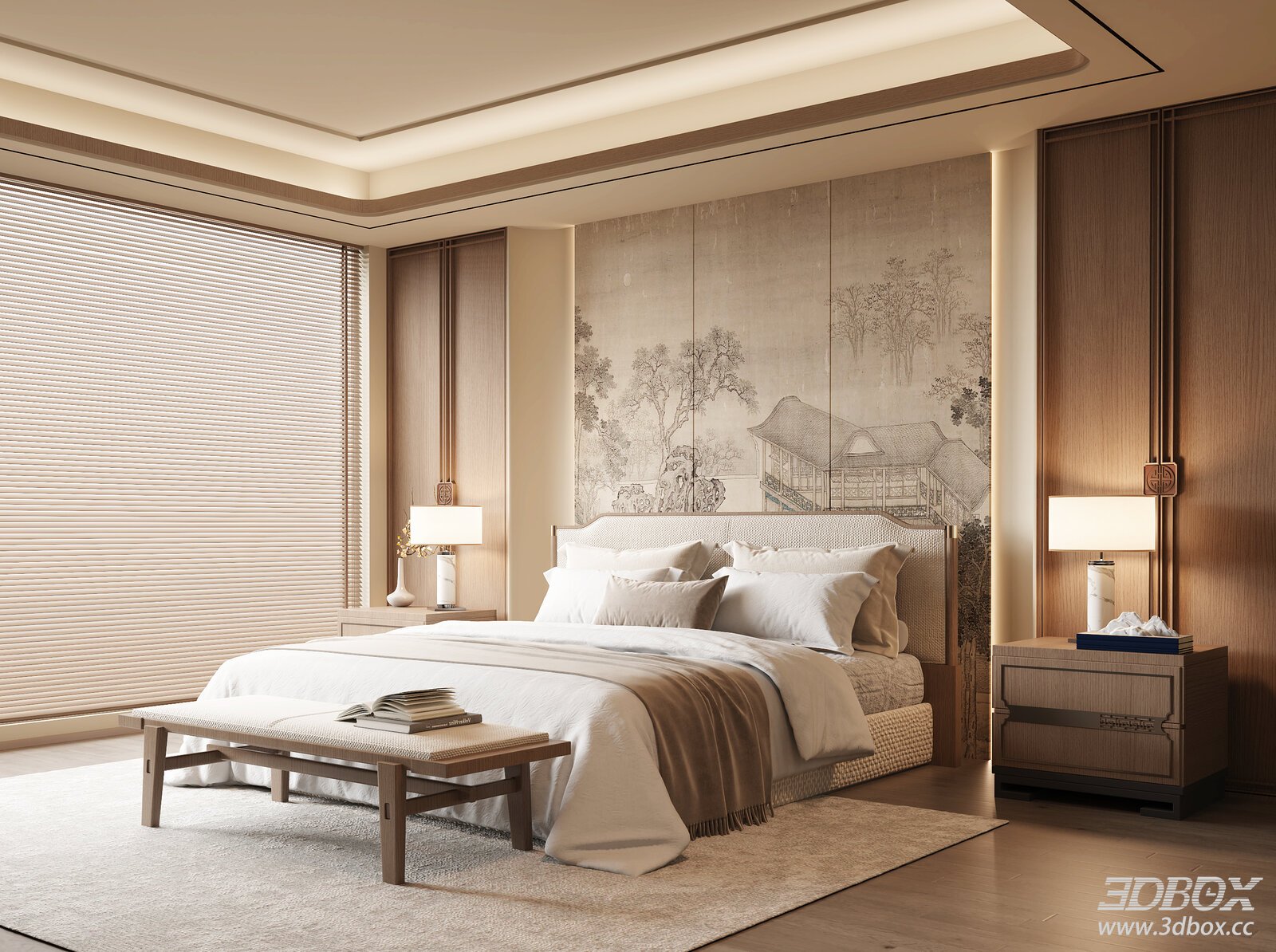 New Chinese Style Modern Bedroom Interior Scene 3D model - front view