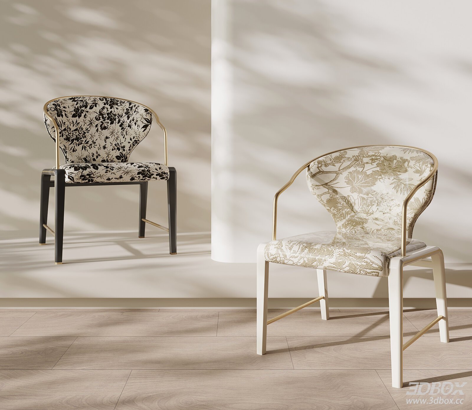 Modern Luxury Floral Fabric Dining Chair with Brass Frame 3D model - front view