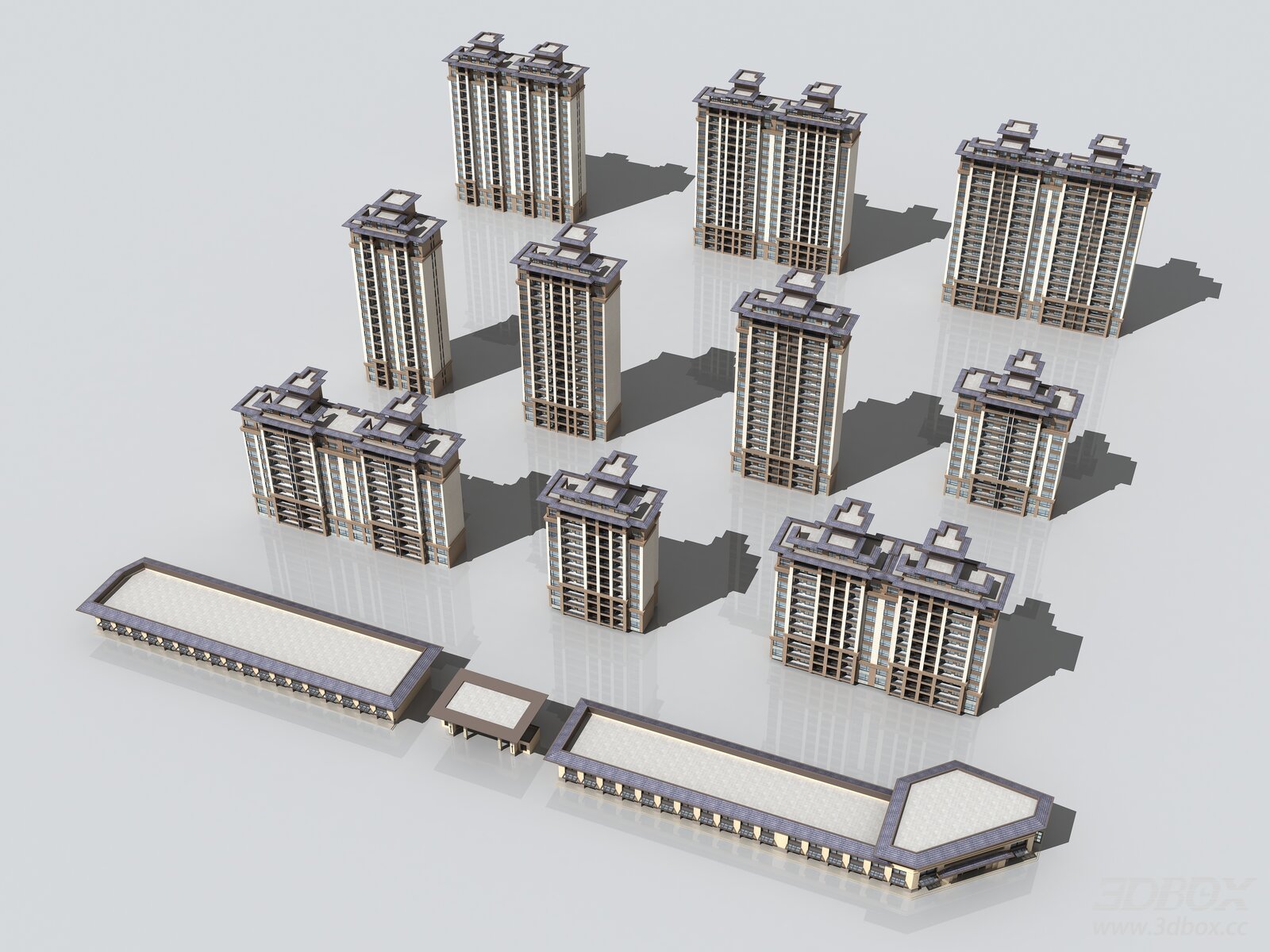Neoclassical High-rise Residential Building Complex 3D model - front view