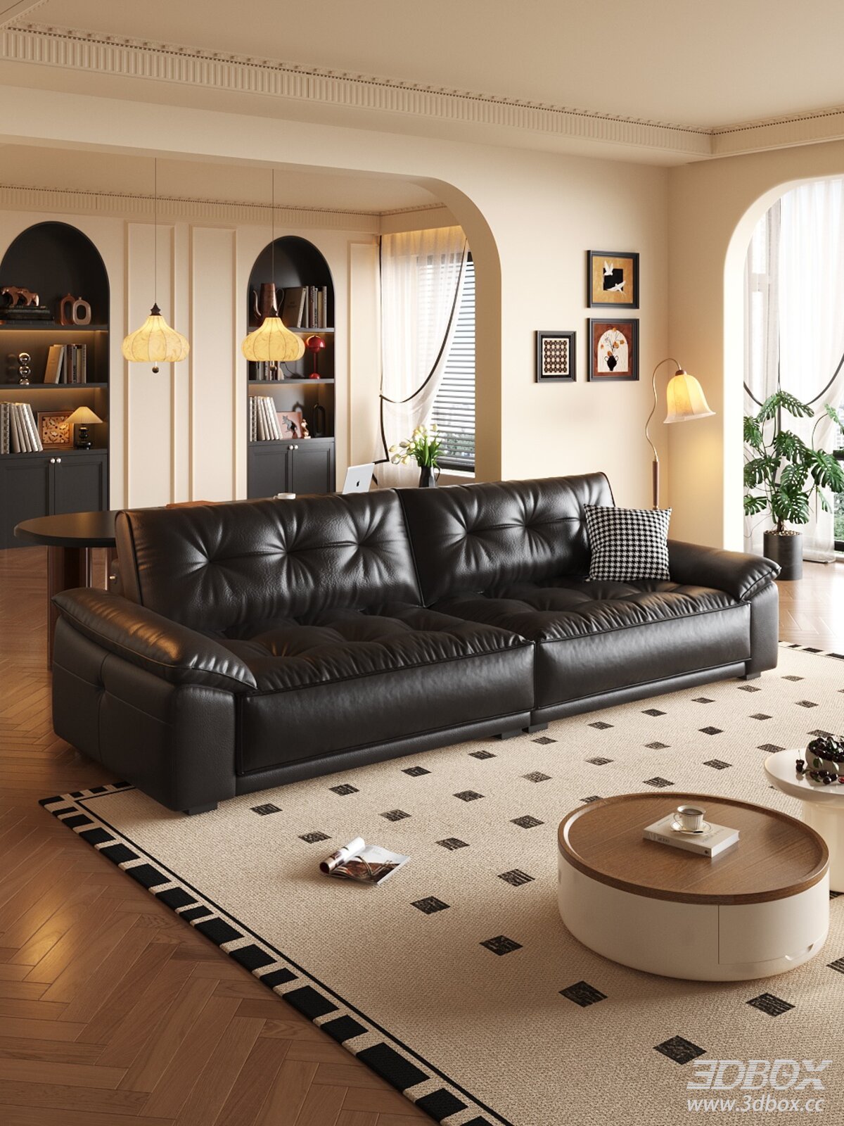 Mid Century Modern Black Leather Sofa Living Room 3D model - front view