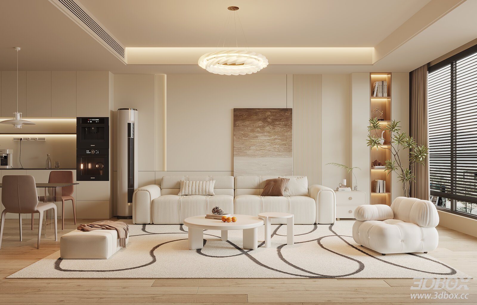 Modern Cream Style Living and Dining Room Interior 3D model - front view