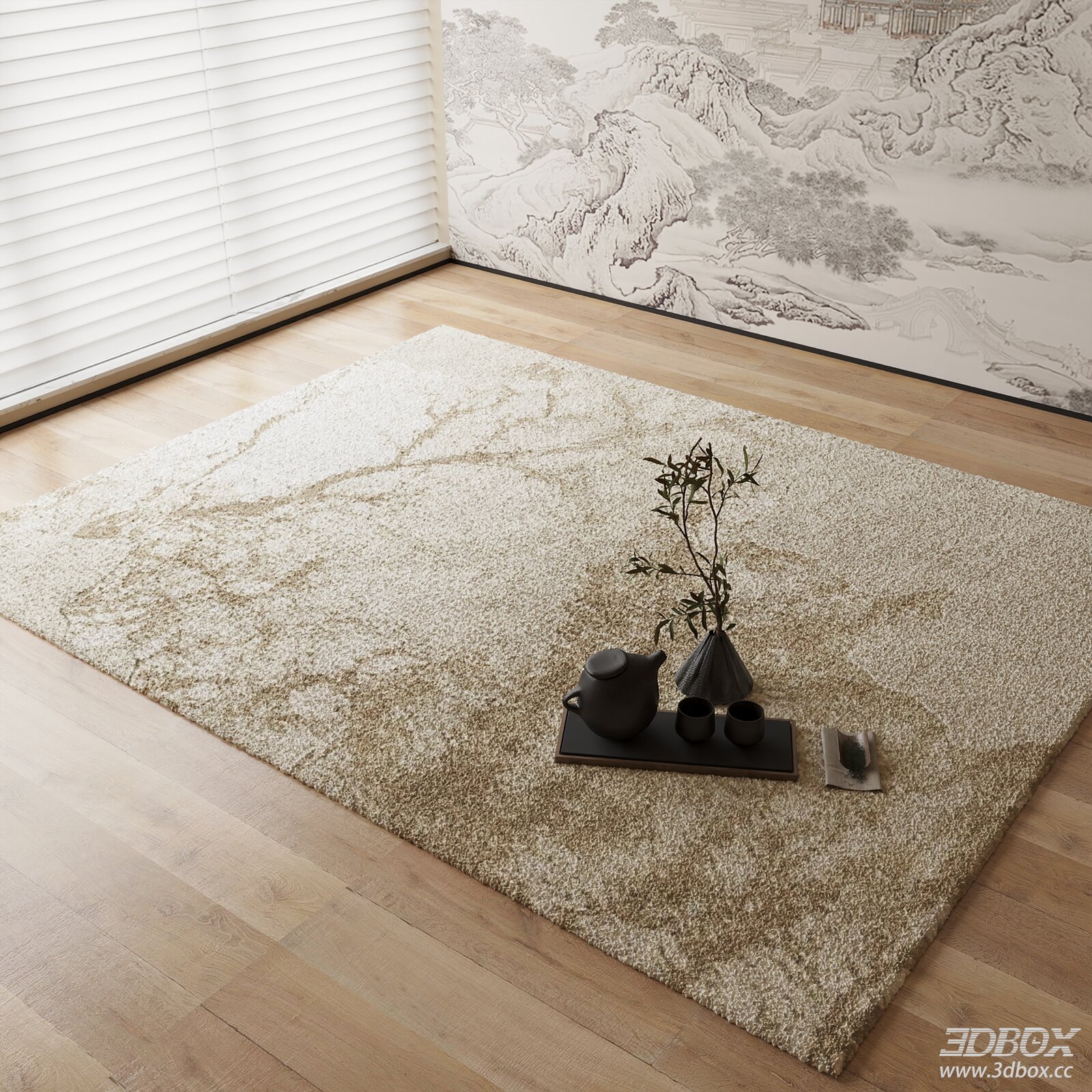 New Chinese Style Beige Plush Area Rug 3D model - front view