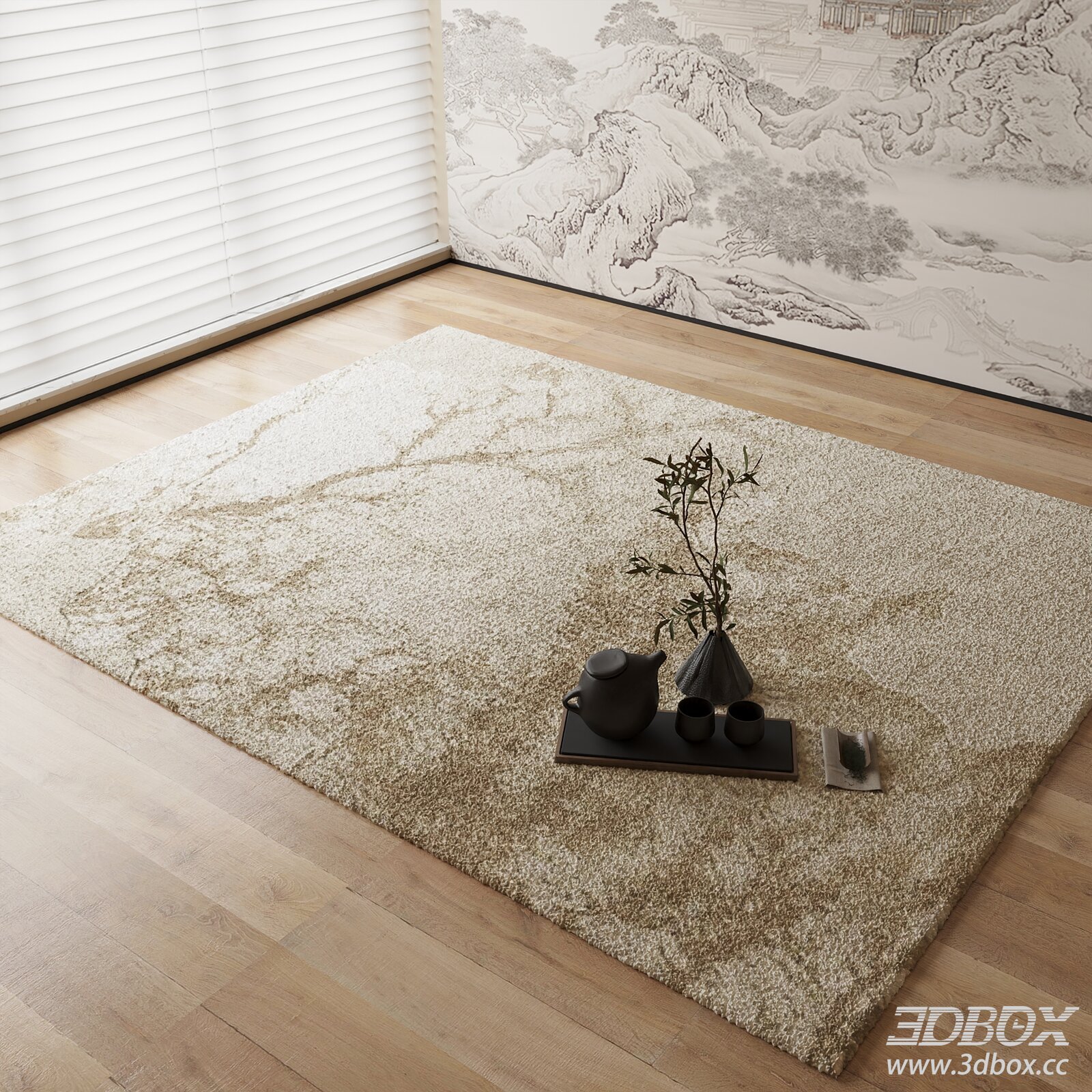 New Chinese Style Beige Plush Area Rug 3D model - thumbnail 1