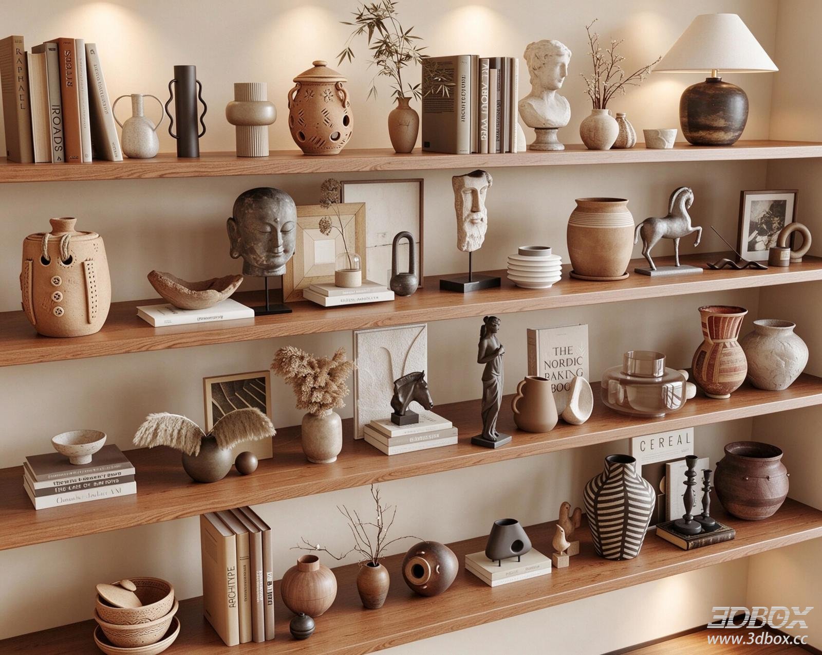 Wabi Sabi Decorative Set with Vases Sculptures and Books 3D model - front view