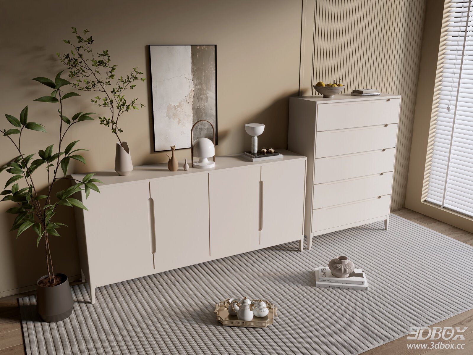 Modern Cream Style Sideboard and Chest of Drawers Set 3D model - front view