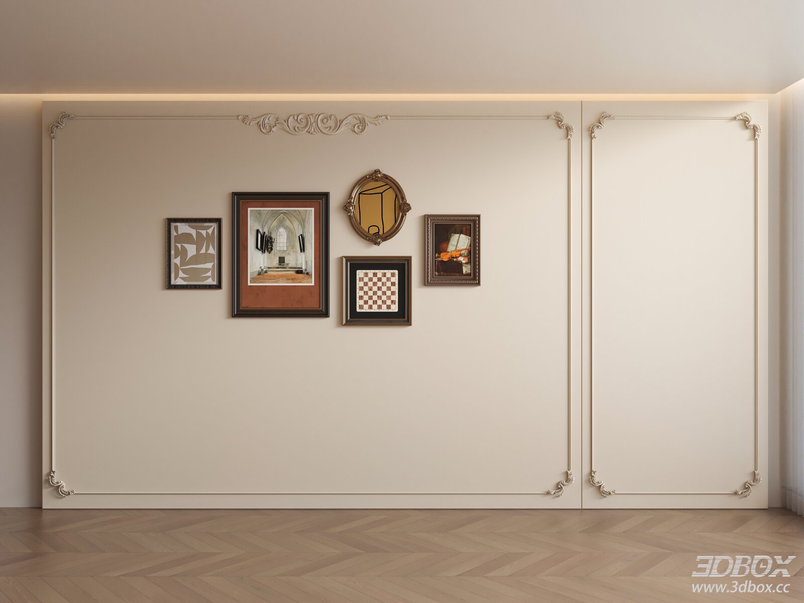 Classic Decorative Plaster Wall with Framed Art Set 3D model - front view