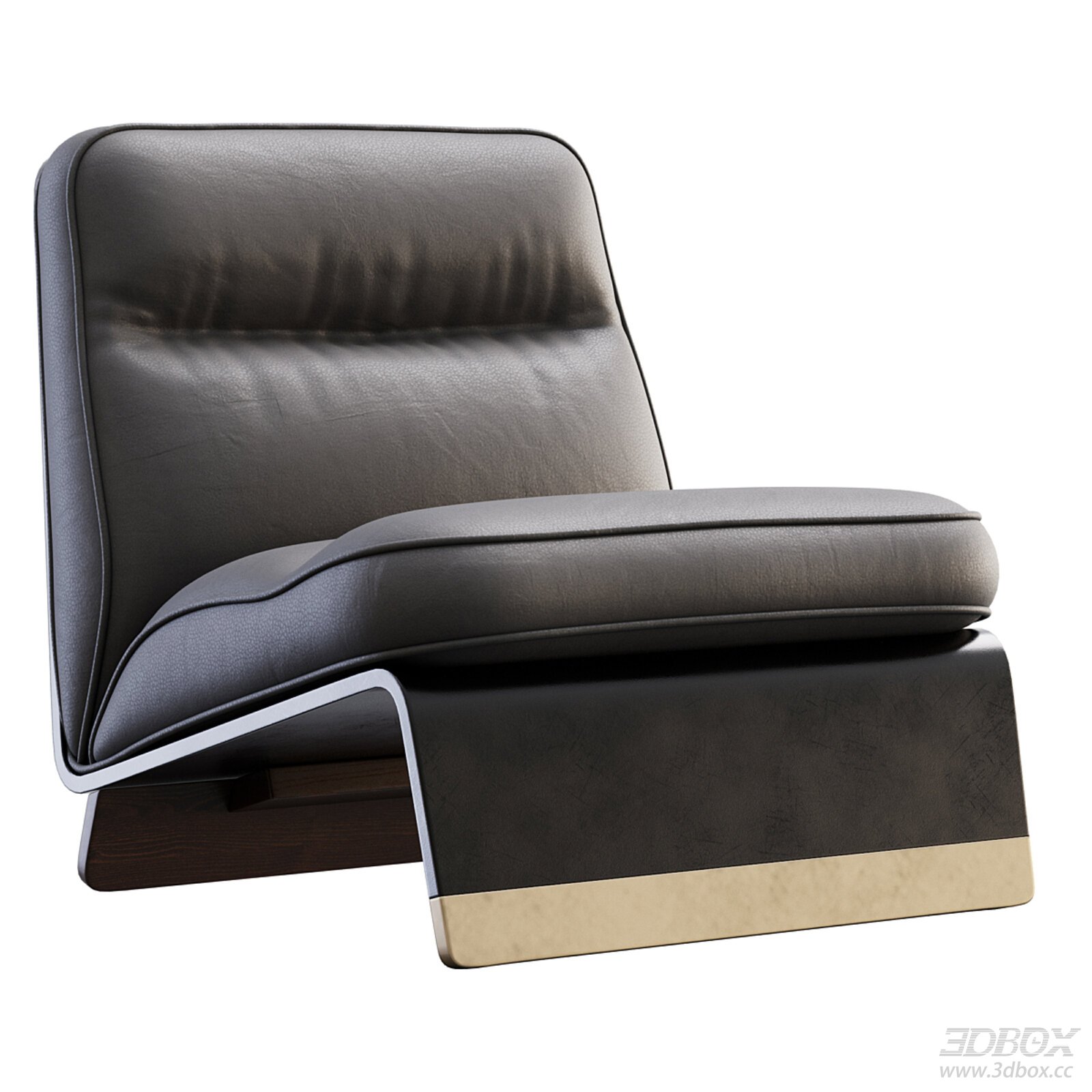 Modern Dark Leather Armchair with Brass and Wood Base 3D model - front view