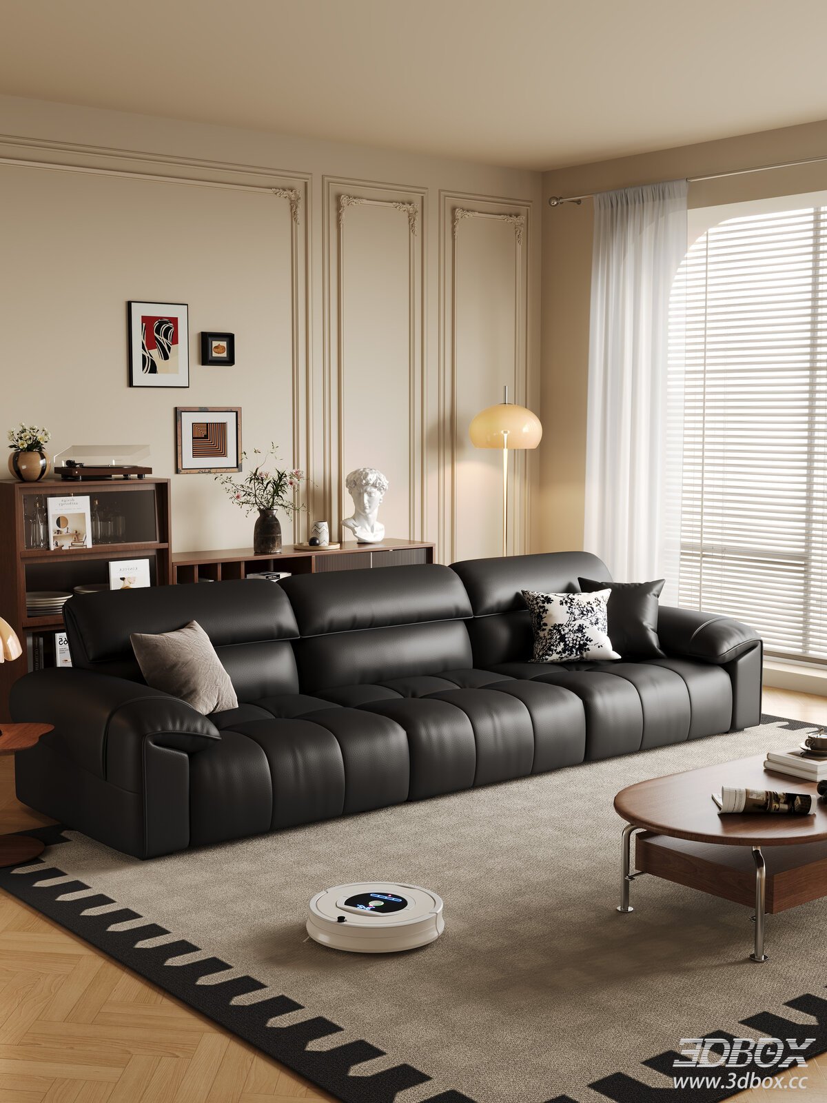 Mid Century Modern Living Room with Black Leather Sofa Set 3D model - front view