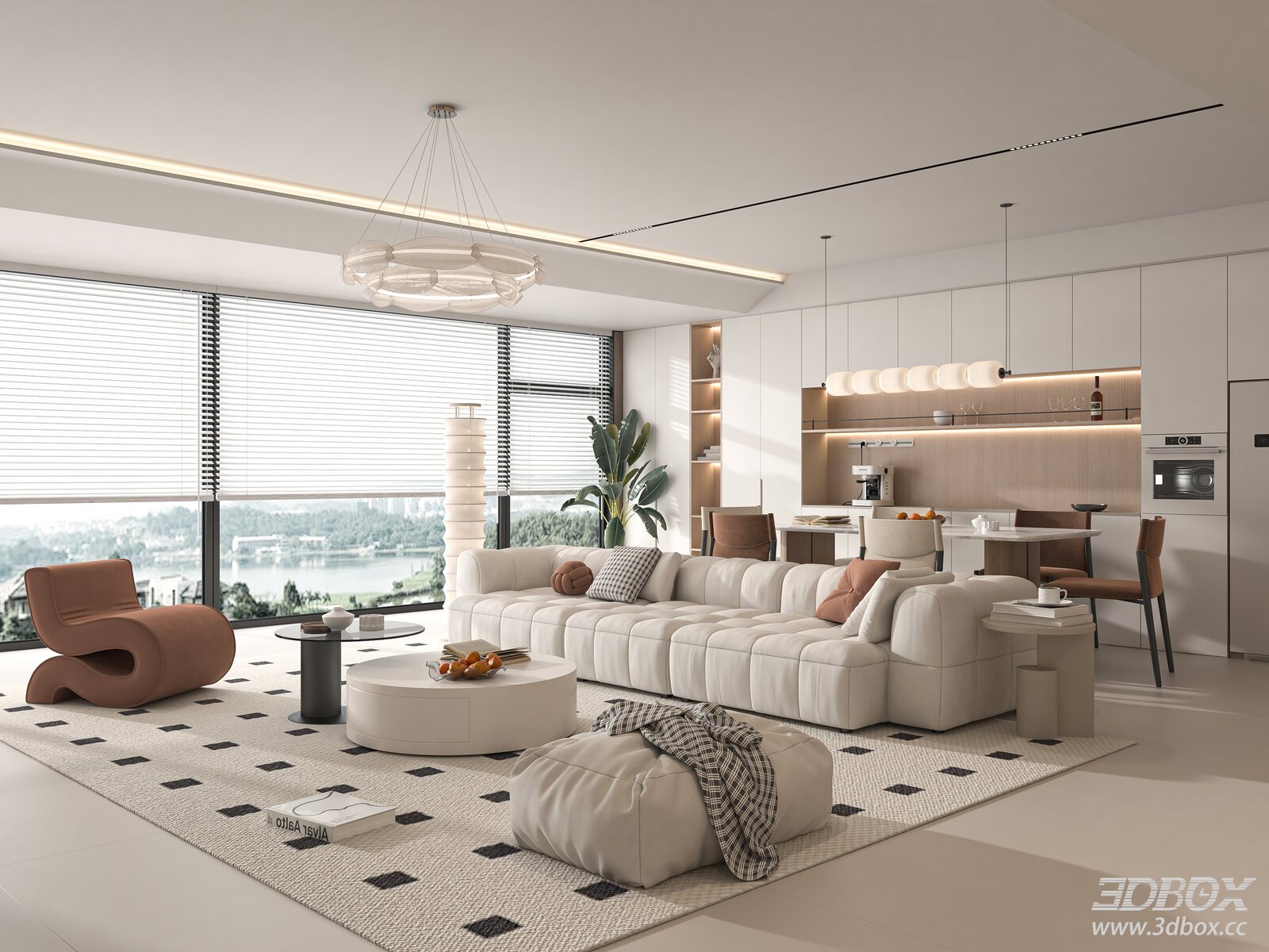 Modern Cream Style Living and Dining Room Interior 3D model - front view