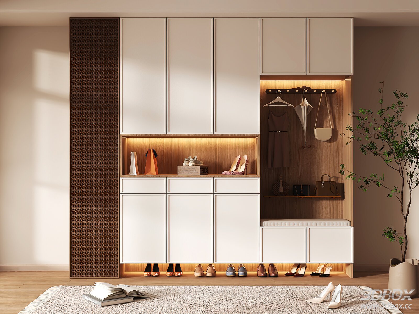 Modern Entryway Shoe Storage Cabinet with Rattan Panel and LED Light 3D model - front view
