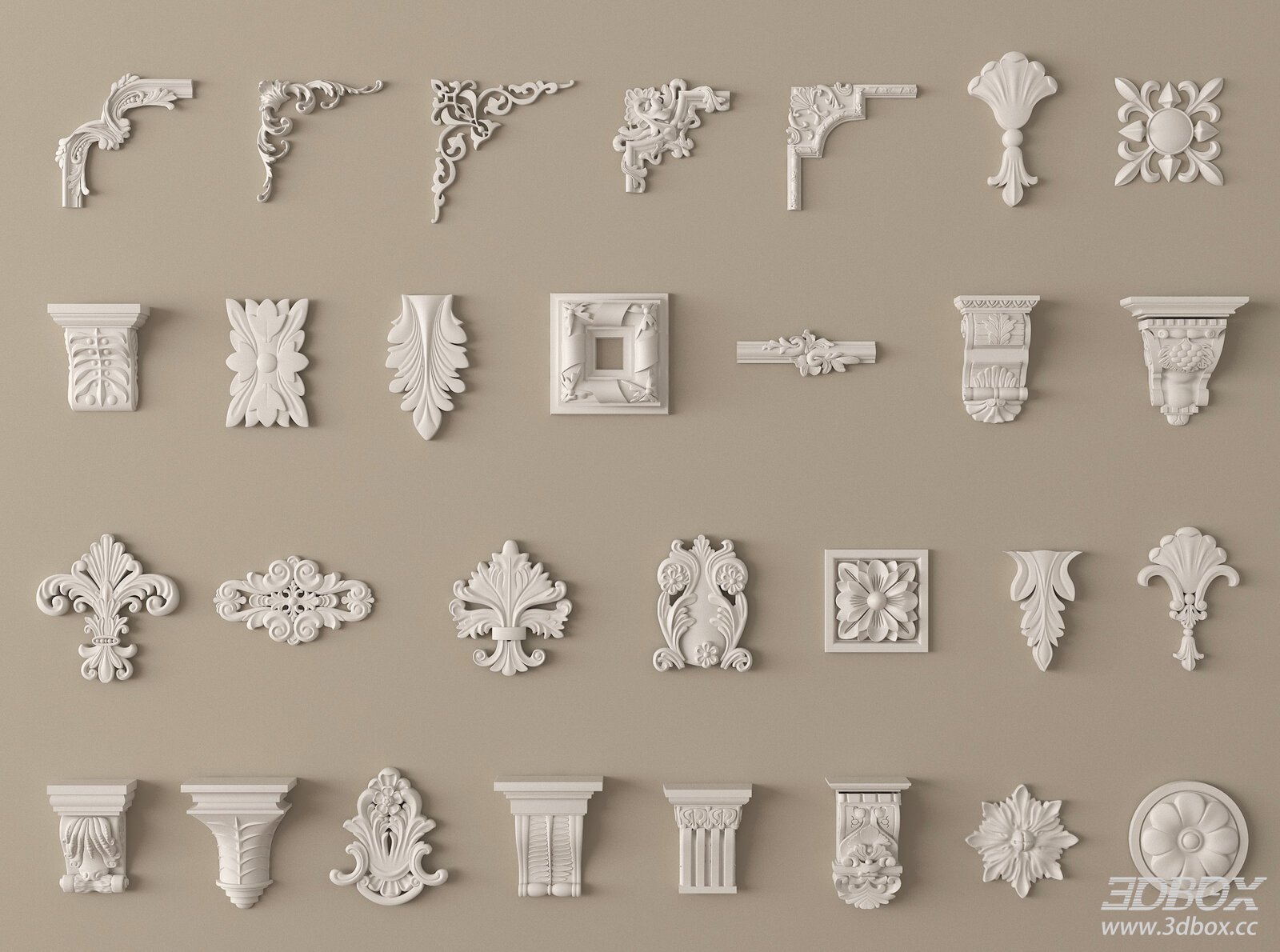 French Style Plaster Carved Ornament Set 3D model - front view